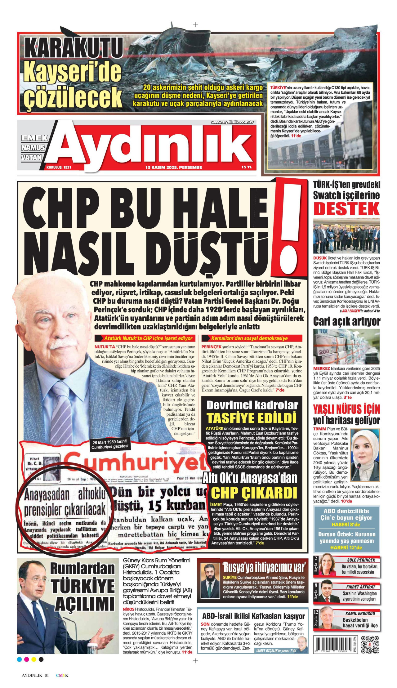 AYDINLIK GAZETESİ gazetesinin 13 Kasım 2025 tarihli birinci sayfası
