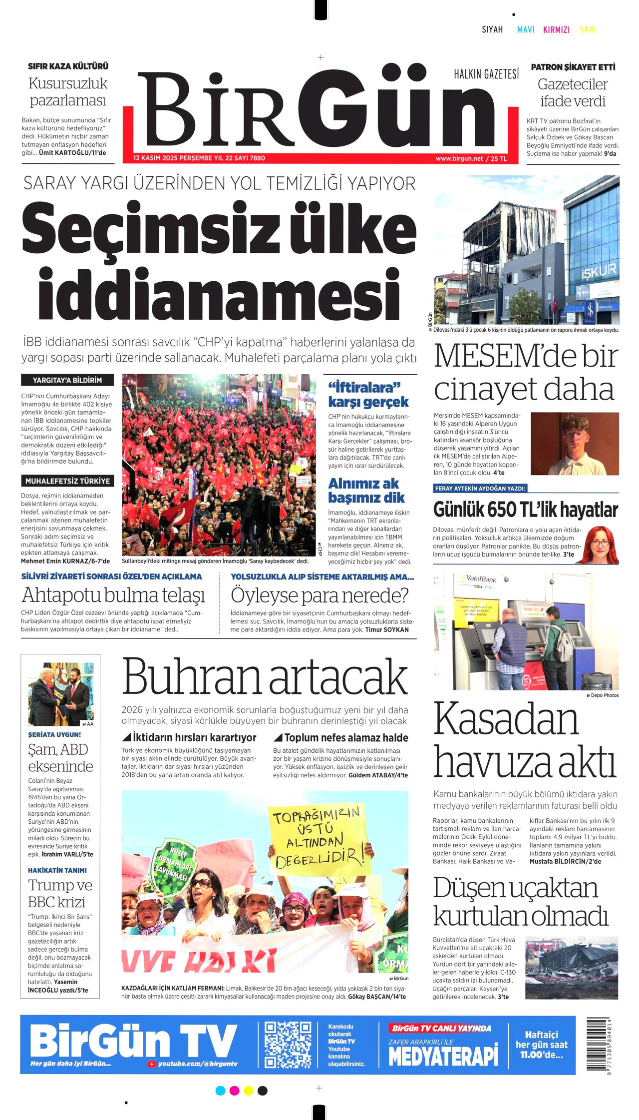 BİRGÜN gazetesinin 13 Kasım 2025 tarihli birinci sayfası