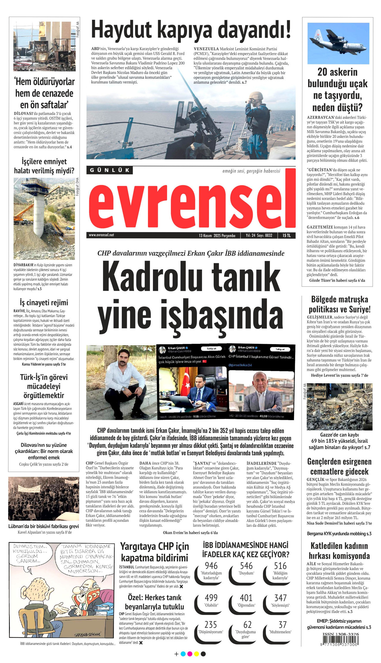 EVRENSEL gazetesinin 13 Kasım 2025 tarihli birinci sayfası