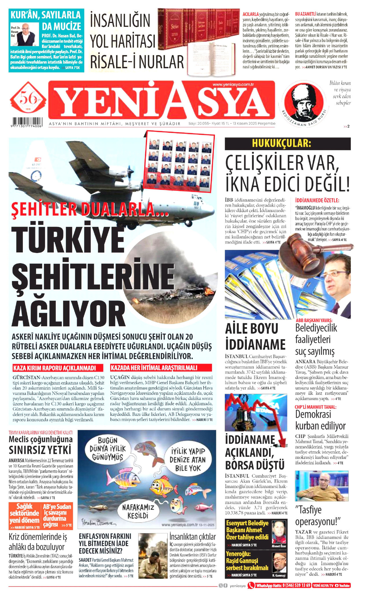YENİ ASYA gazetesinin 13 Kasım 2025 tarihli birinci sayfası
