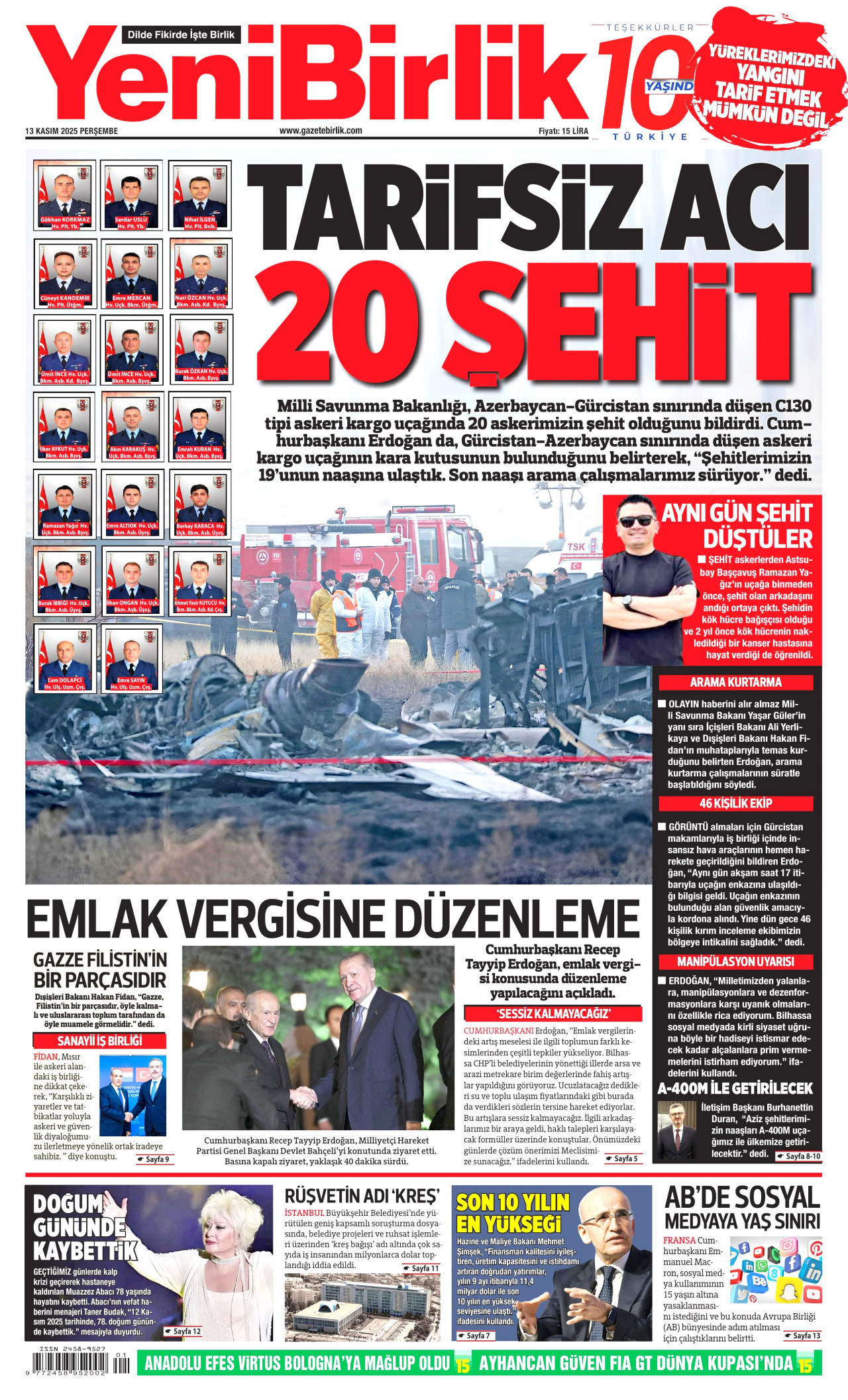 YENİBİRLİK gazetesinin 13 Kasım 2025 tarihli birinci sayfası
