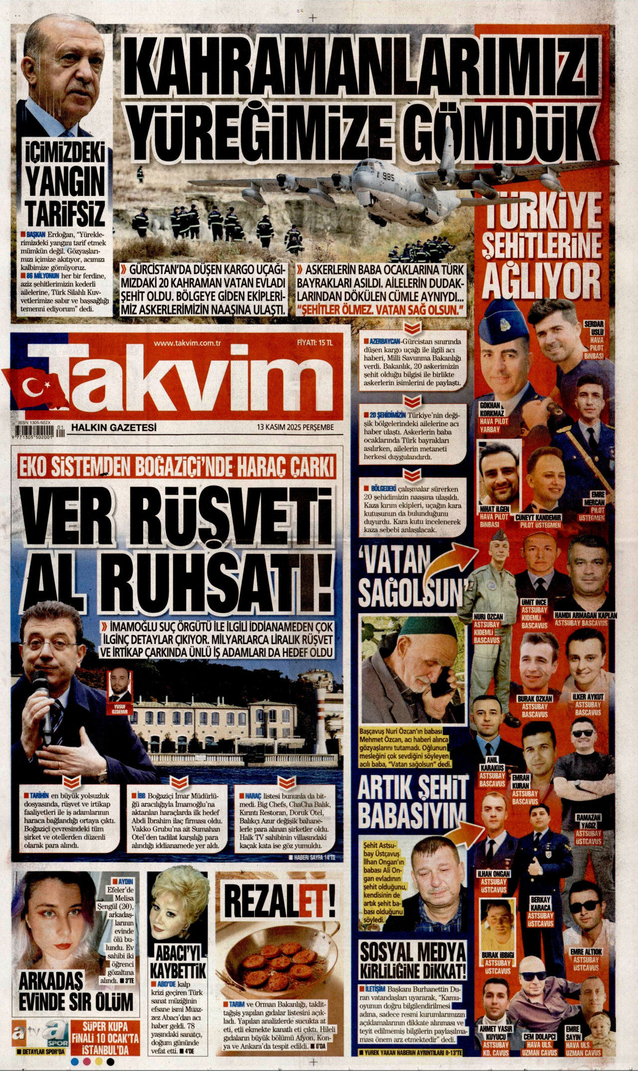TAKVİM gazetesinin 13 Kasım 2025 tarihli birinci sayfası