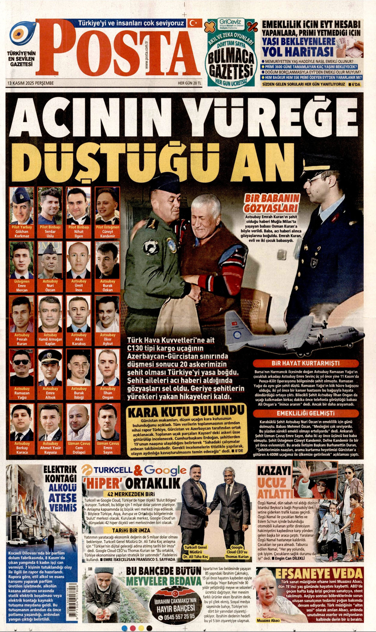 POSTA gazetesinin 13 Kasım 2025 tarihli birinci sayfası