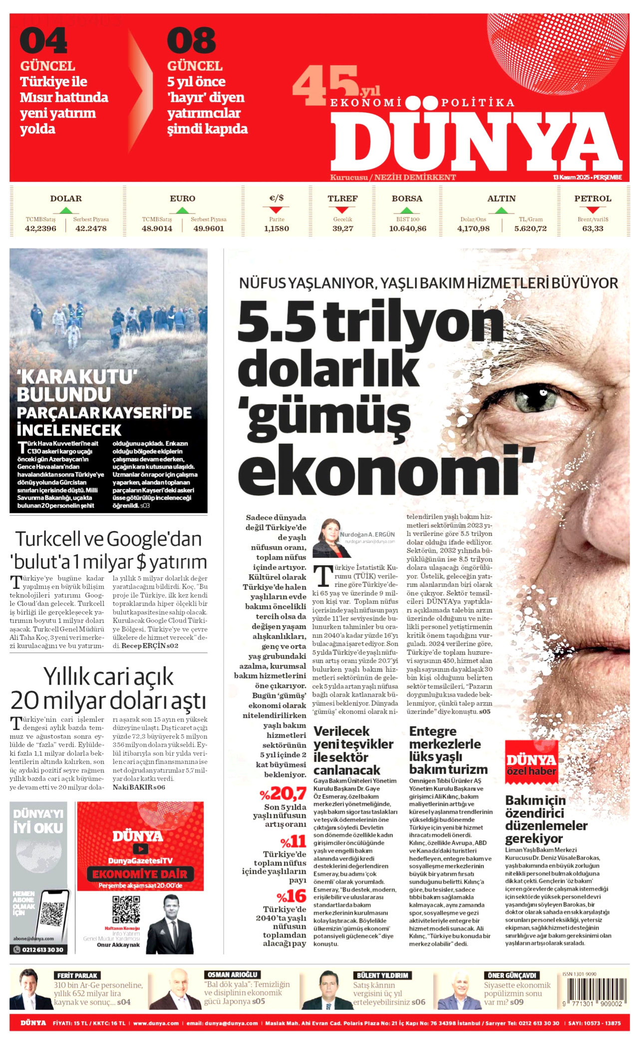 DÜNYA gazetesinin 13 Kasım 2025 tarihli birinci sayfası