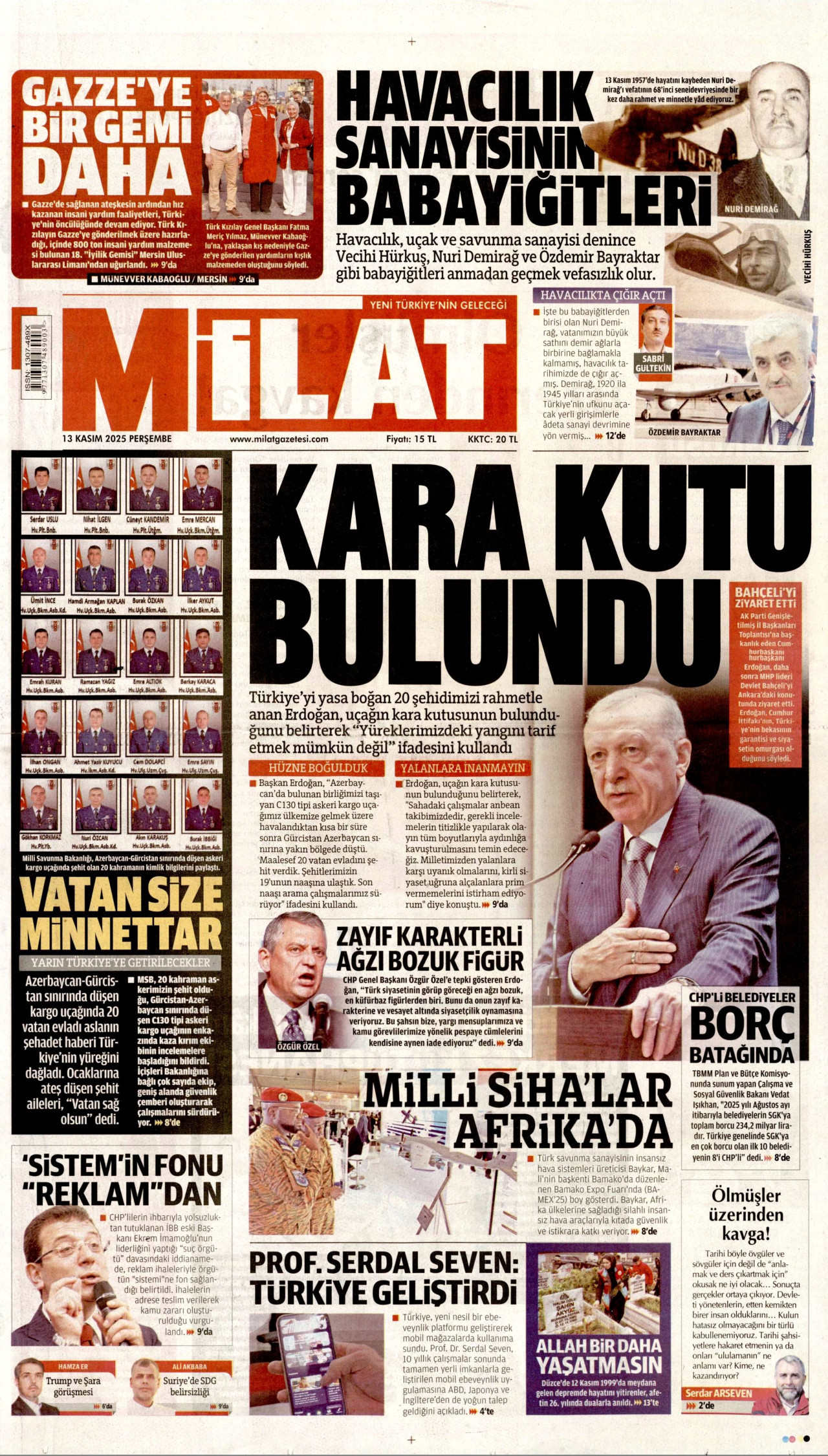 MİLAT gazetesinin 13 Kasım 2025 tarihli birinci sayfası