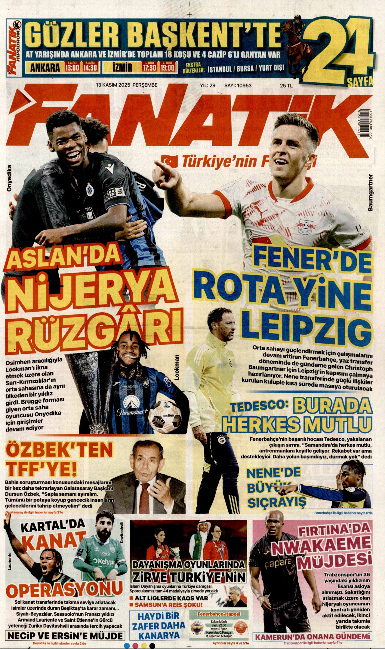 FANATİK gazetesinin 13 Kasım 2025 tarihli birinci sayfası