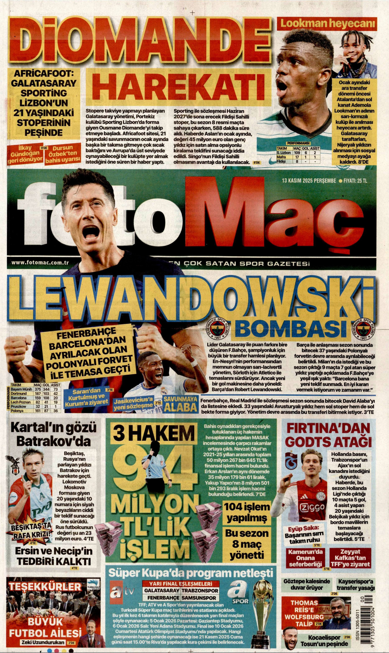 FOTOMAÇ gazetesinin 13 Kasım 2025 tarihli birinci sayfası