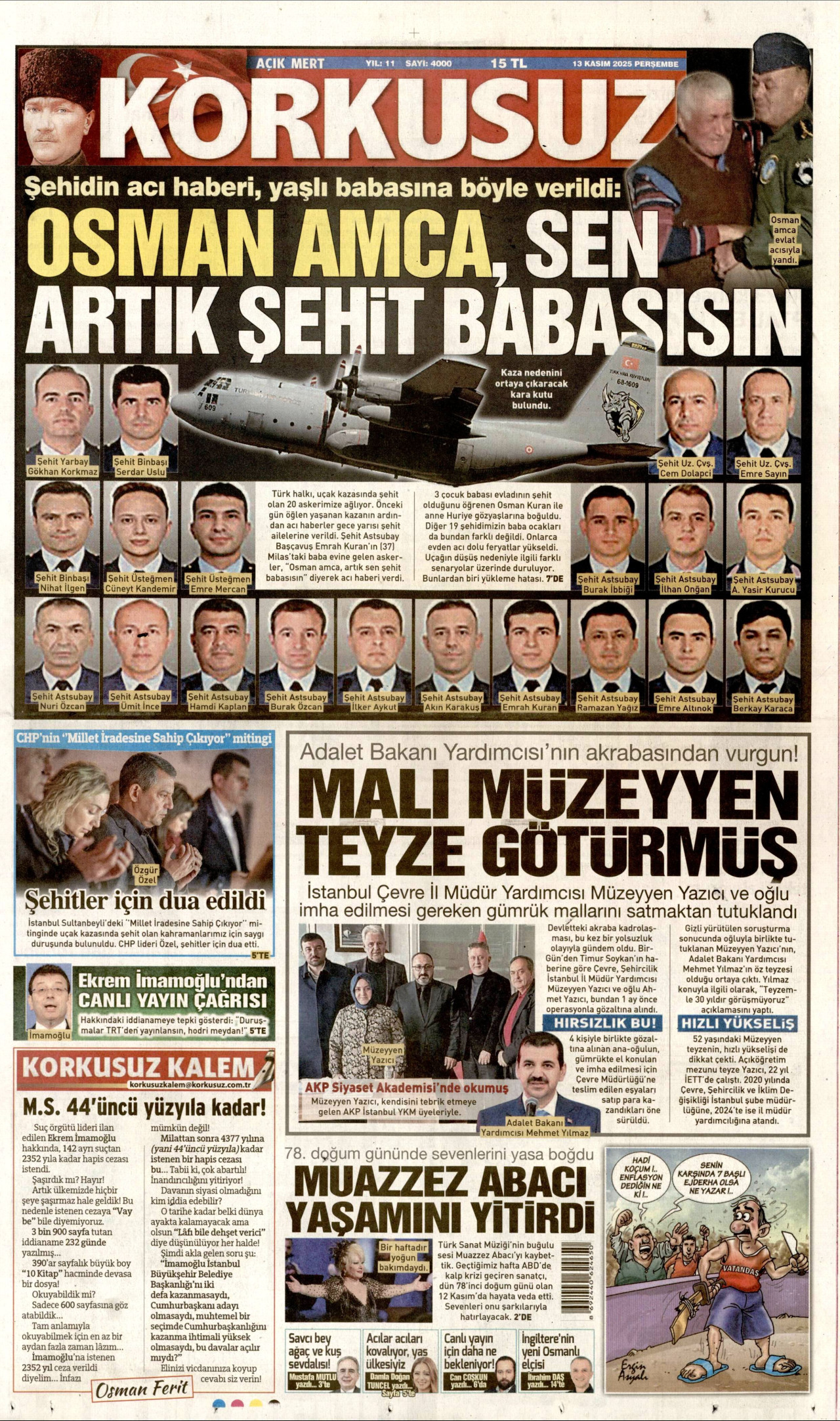 KORKUSUZ gazetesinin 13 Kasım 2025 tarihli birinci sayfası