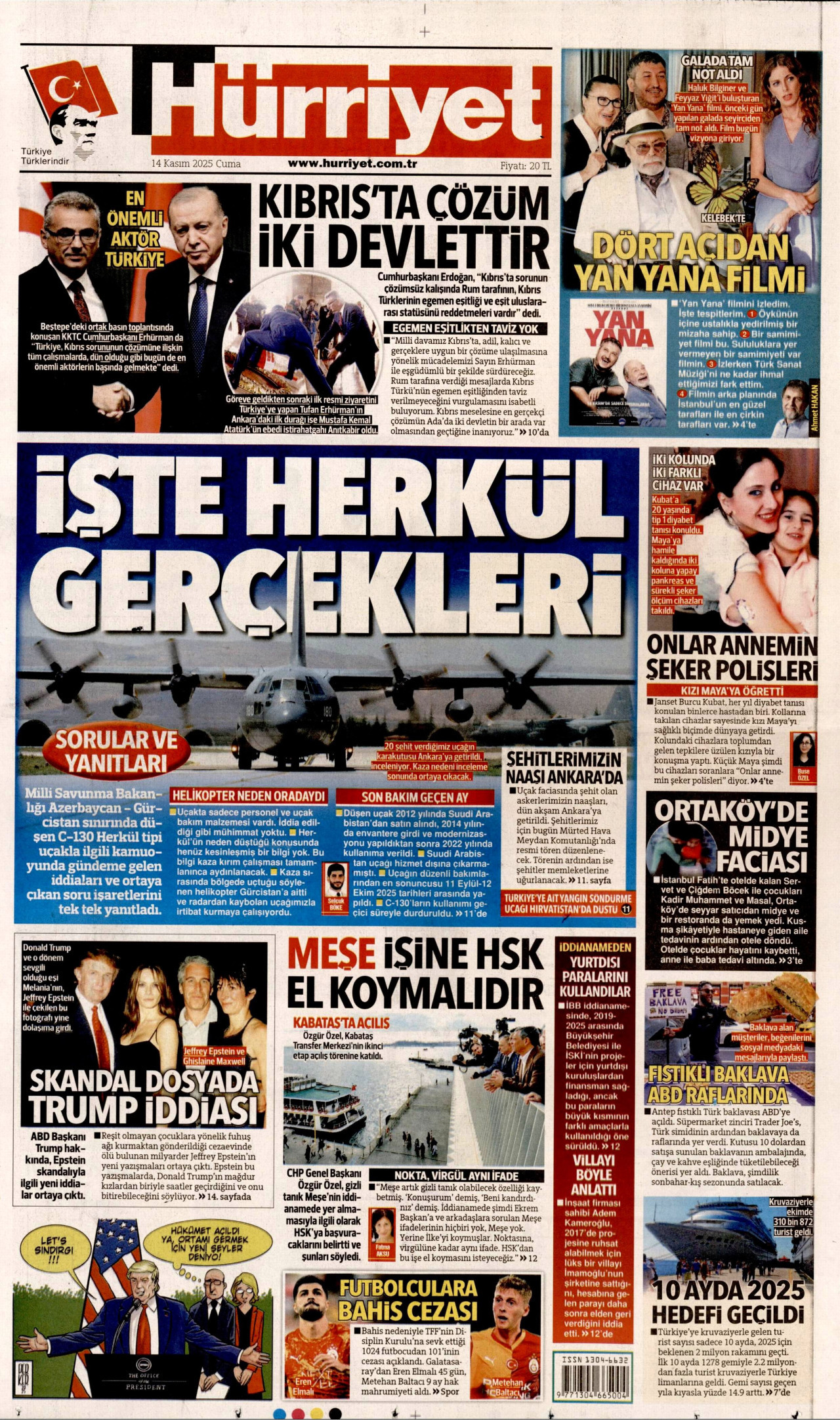 HÜRRİYET gazetesinin 14 Kasım 2025 tarihli birinci sayfası