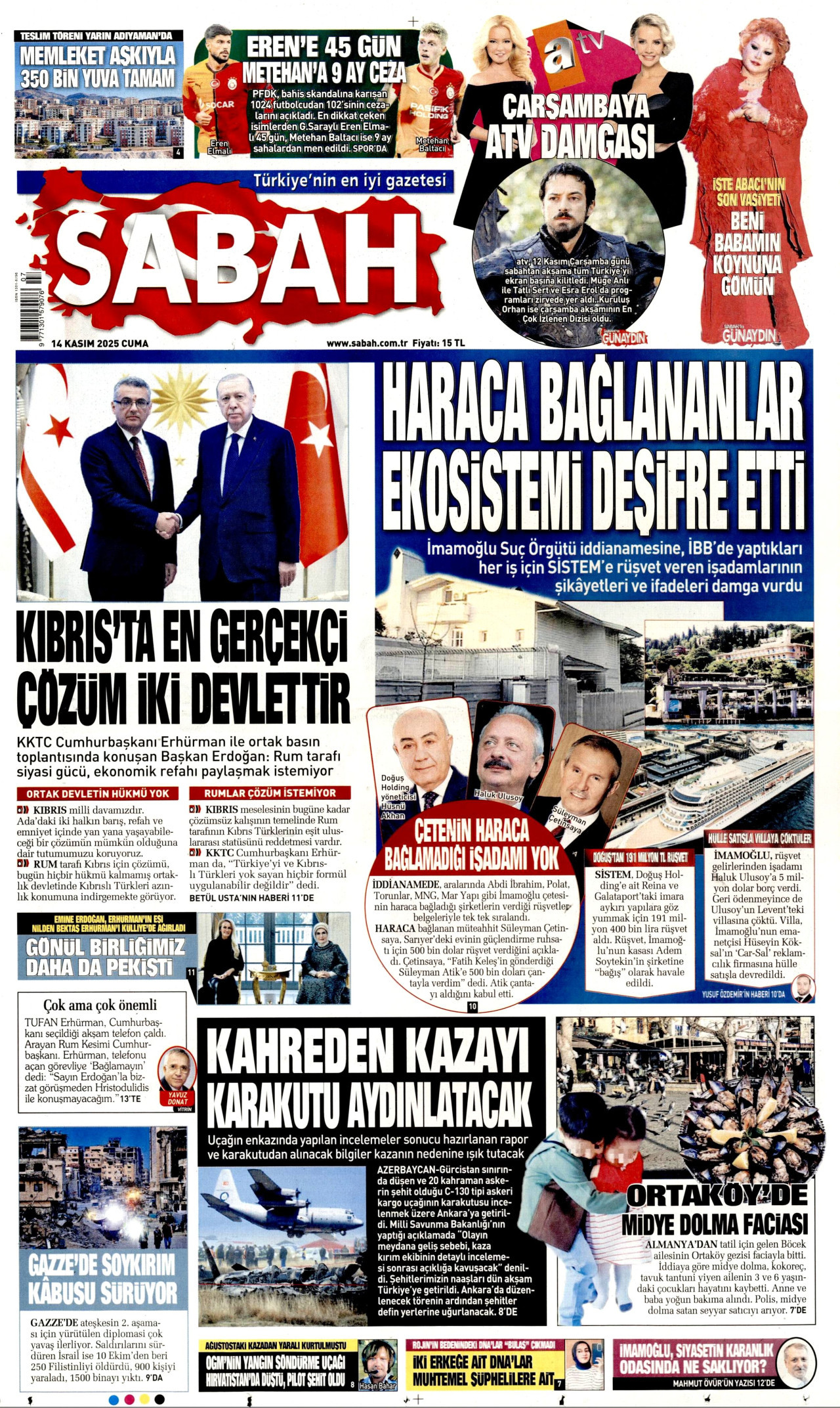 SABAH gazetesinin 14 Kasım 2025 tarihli birinci sayfası
