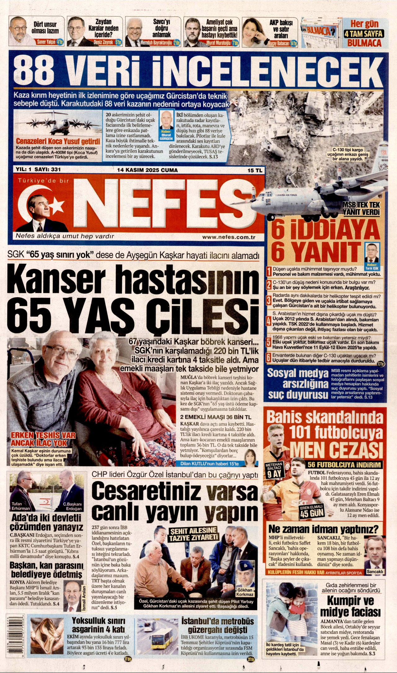 NEFES gazetesinin 14 Kasım 2025 tarihli birinci sayfası