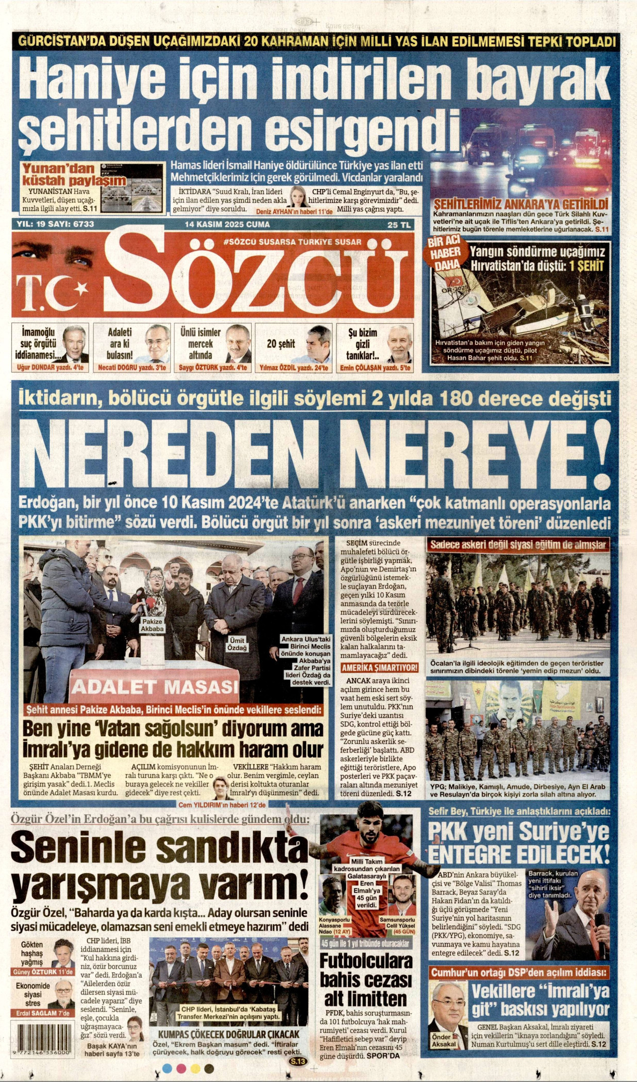 SÖZCÜ gazetesinin 14 Kasım 2025 tarihli birinci sayfası