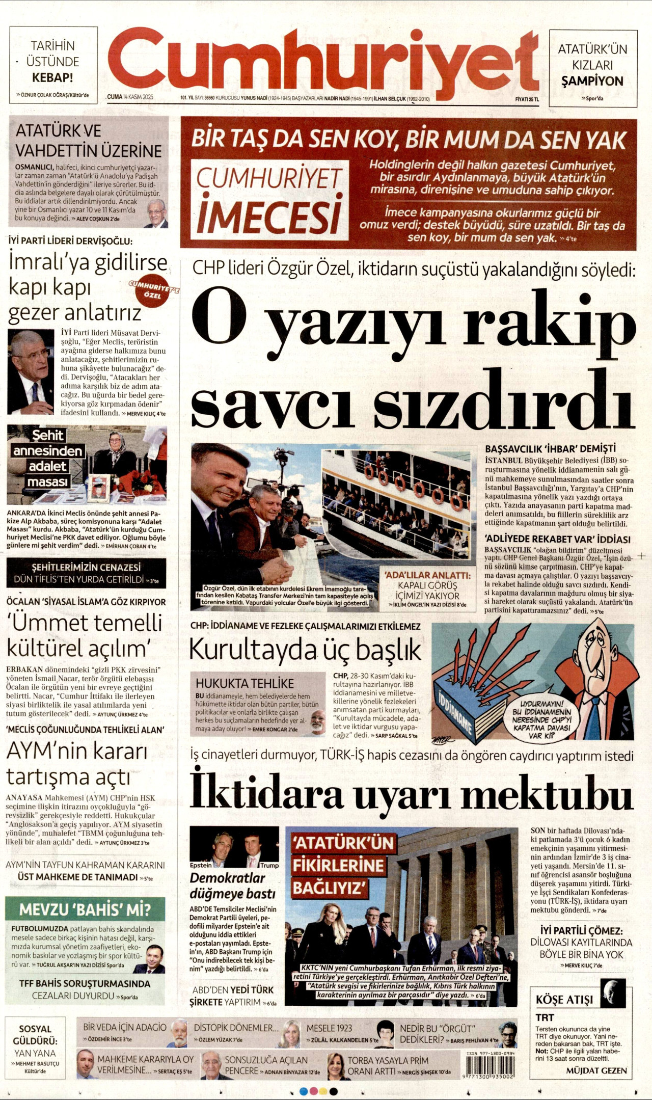 CUMHURİYET gazetesinin 14 Kasım 2025 tarihli birinci sayfası