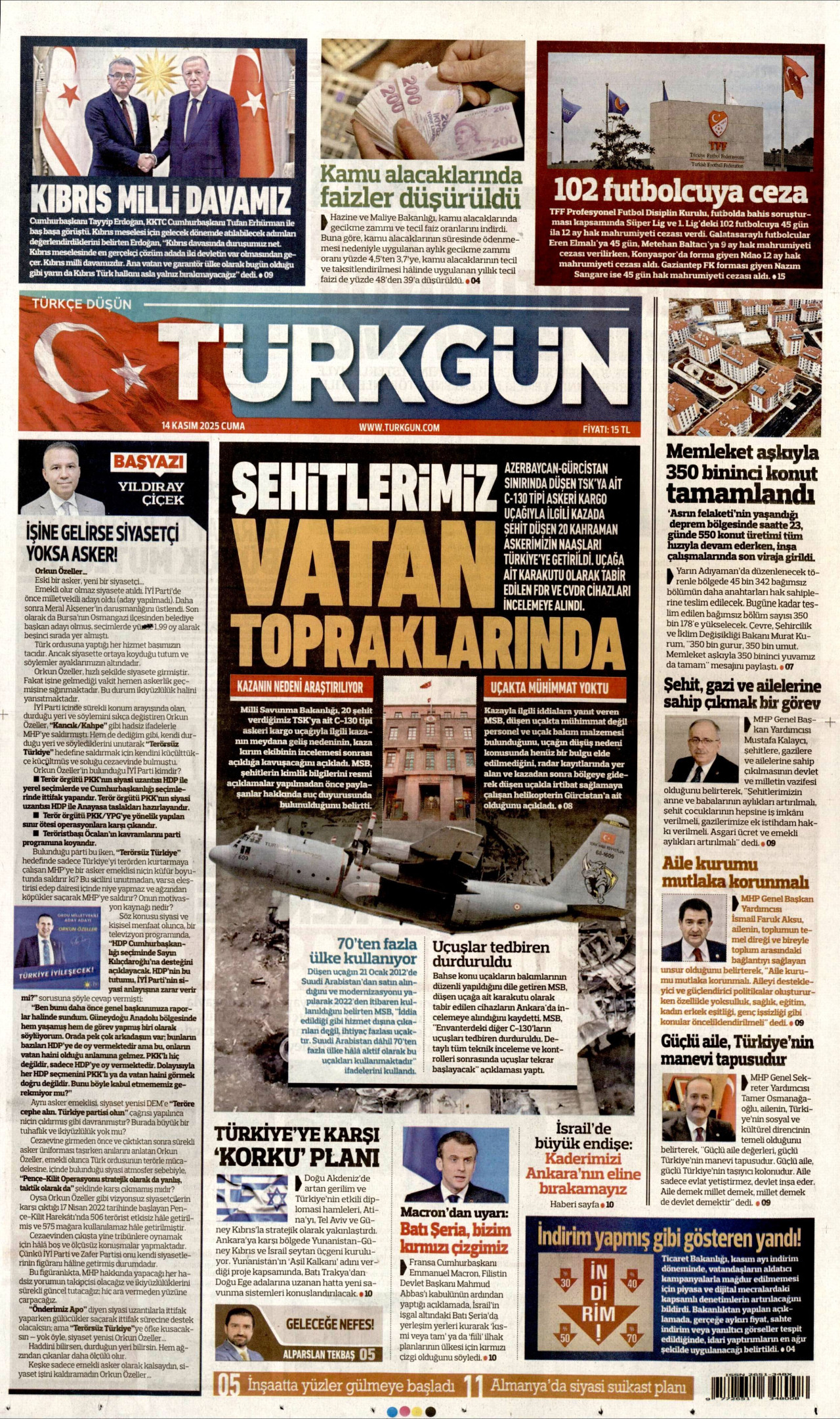 TÜRKGÜN gazetesinin 14 Kasım 2025 tarihli birinci sayfası