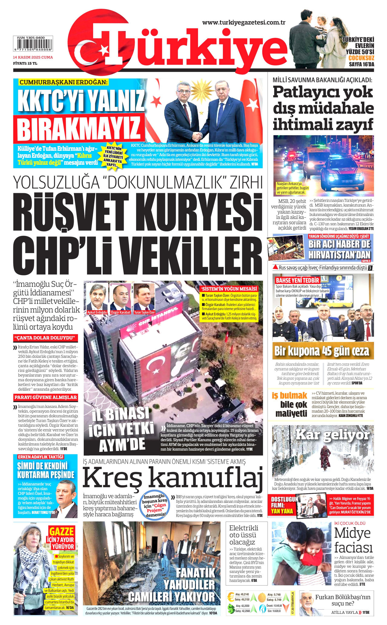 TÜRKİYE GAZETESİ gazetesinin 14 Kasım 2025 tarihli birinci sayfası