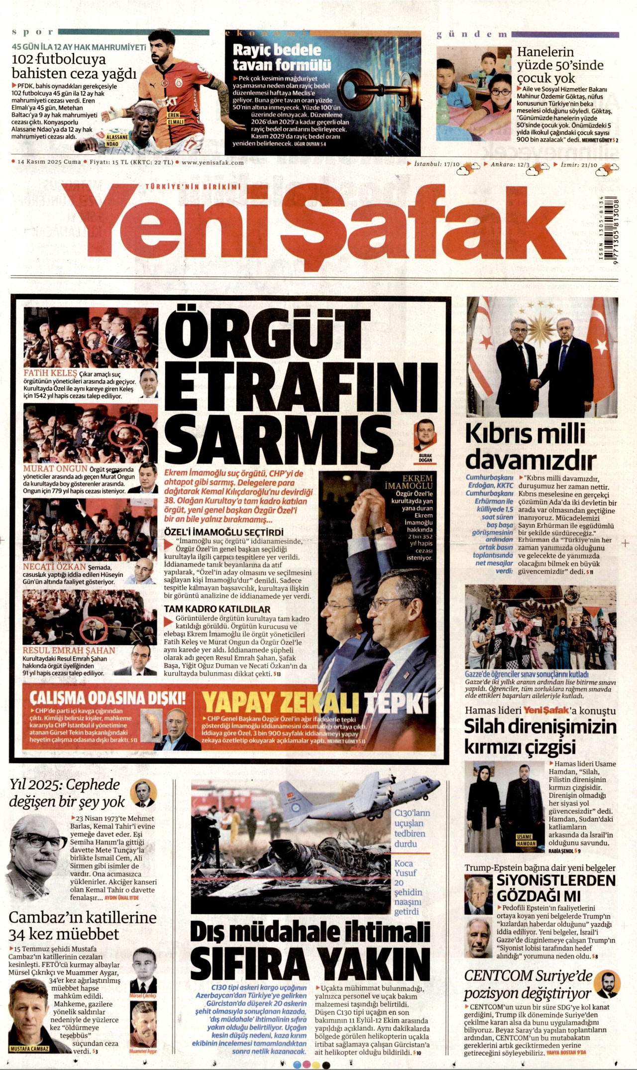 YENİ ŞAFAK gazetesinin 14 Kasım 2025 tarihli birinci sayfası