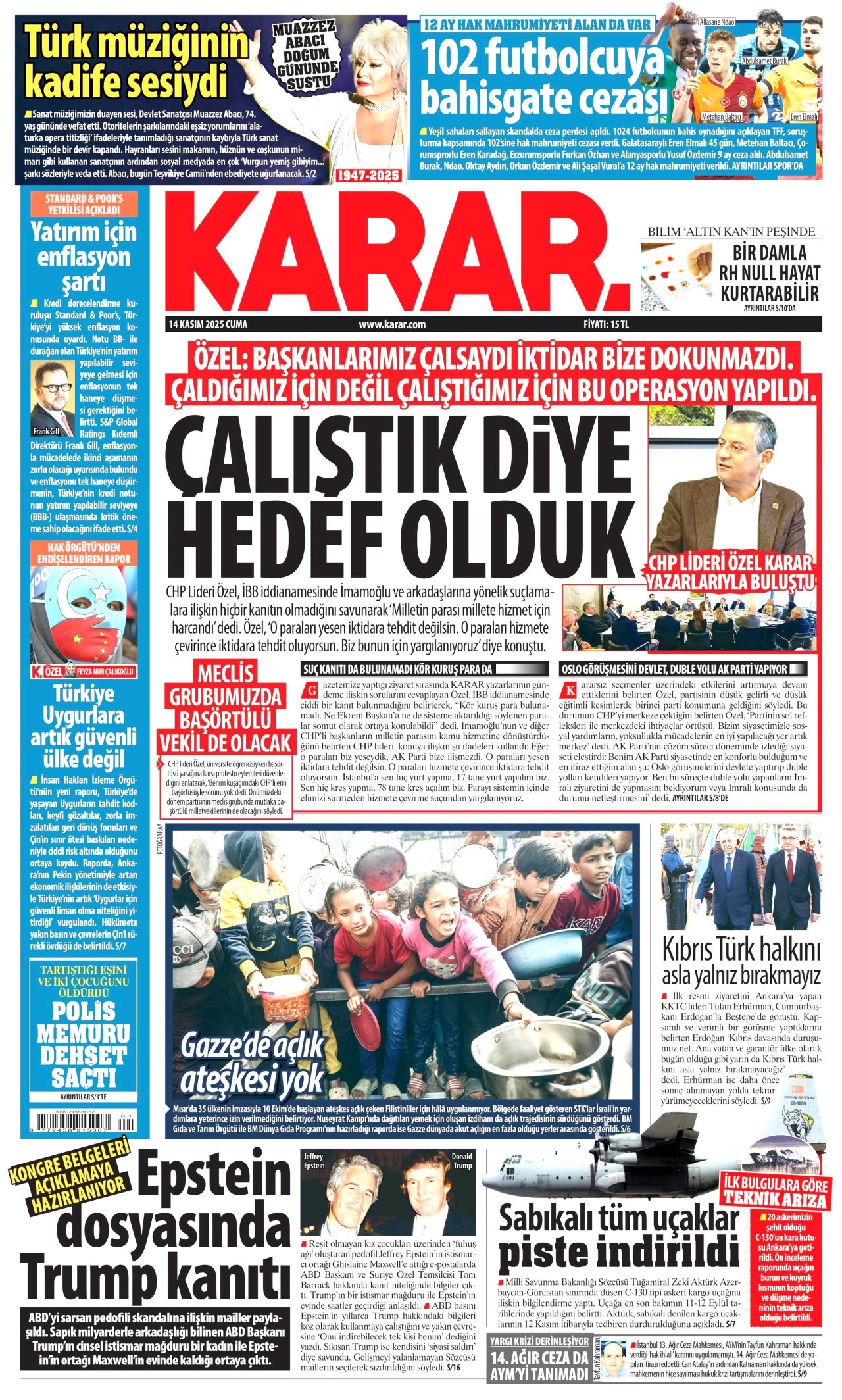 KARAR gazetesinin 14 Kasım 2025 tarihli birinci sayfası