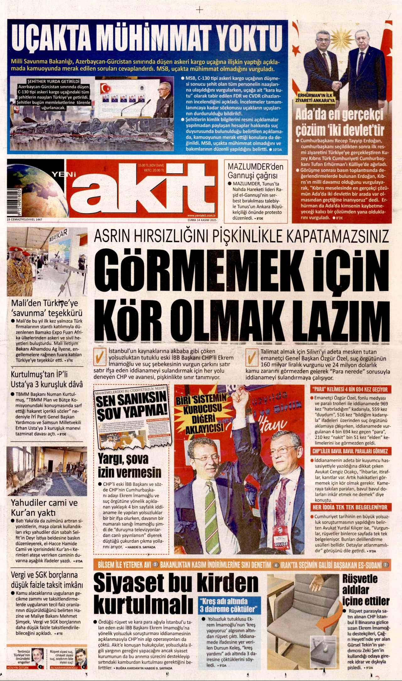 YENİ AKİT gazetesinin 14 Kasım 2025 tarihli birinci sayfası