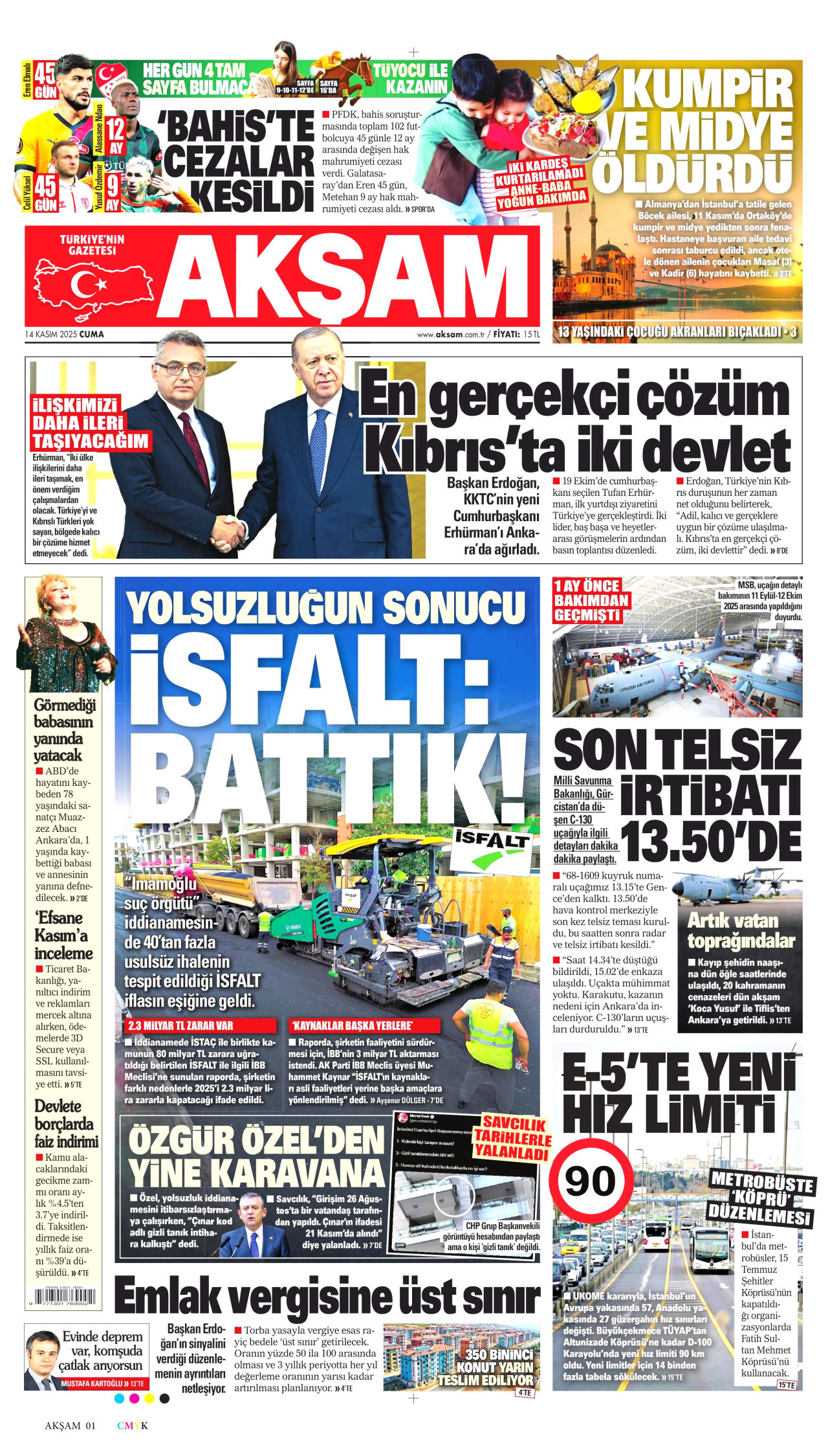 AKŞAM gazetesinin 14 Kasım 2025 tarihli birinci sayfası