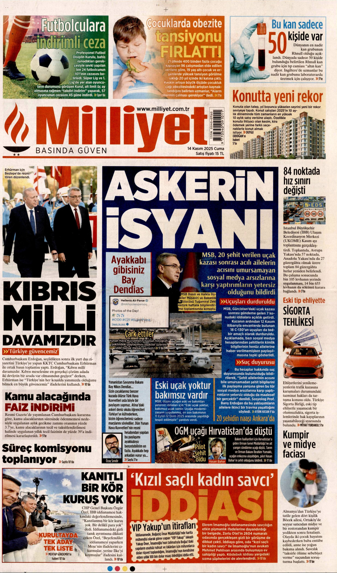 MİLLİYET gazetesinin 14 Kasım 2025 tarihli birinci sayfası