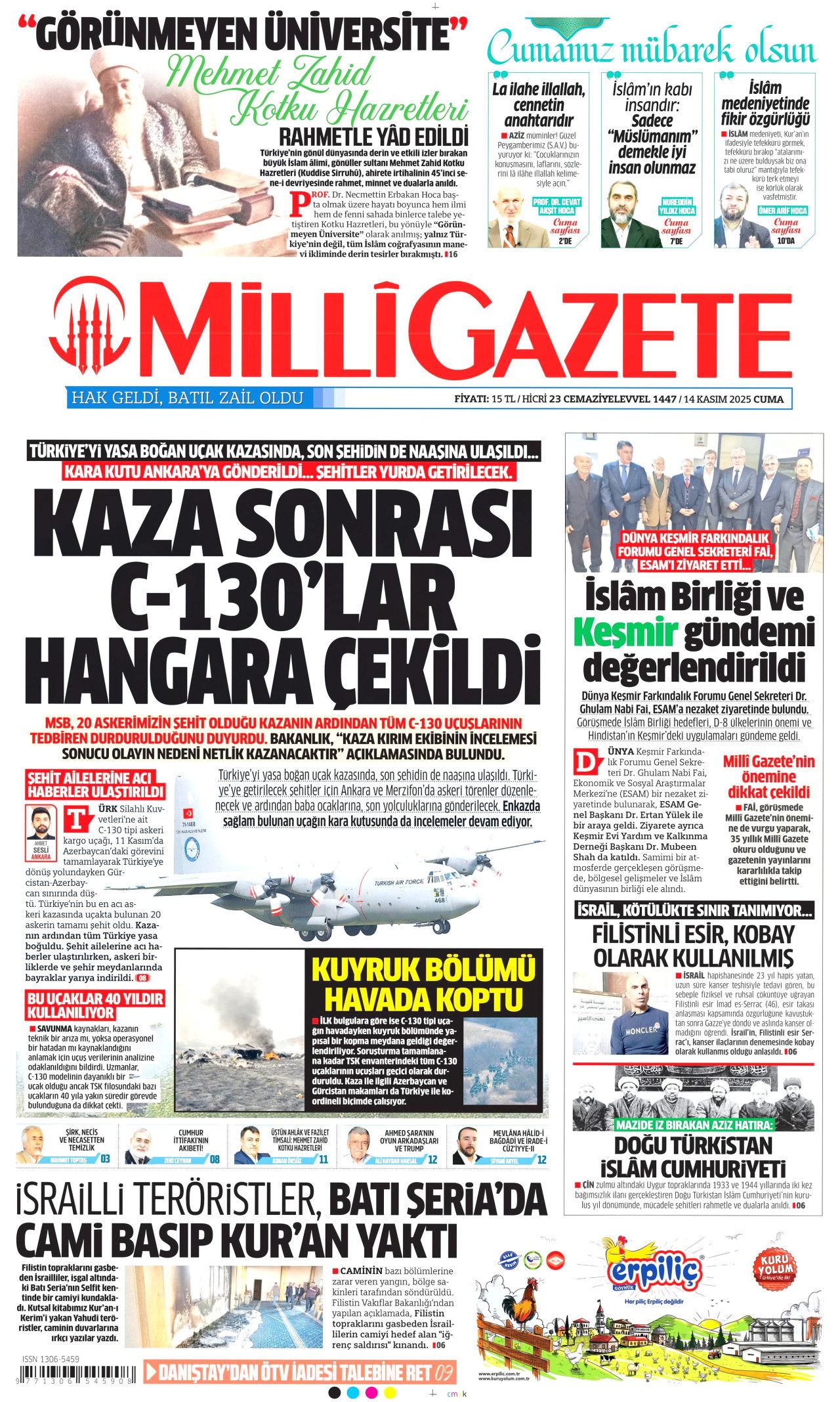 MİLLİ GAZETE gazetesinin 14 Kasım 2025 tarihli birinci sayfası