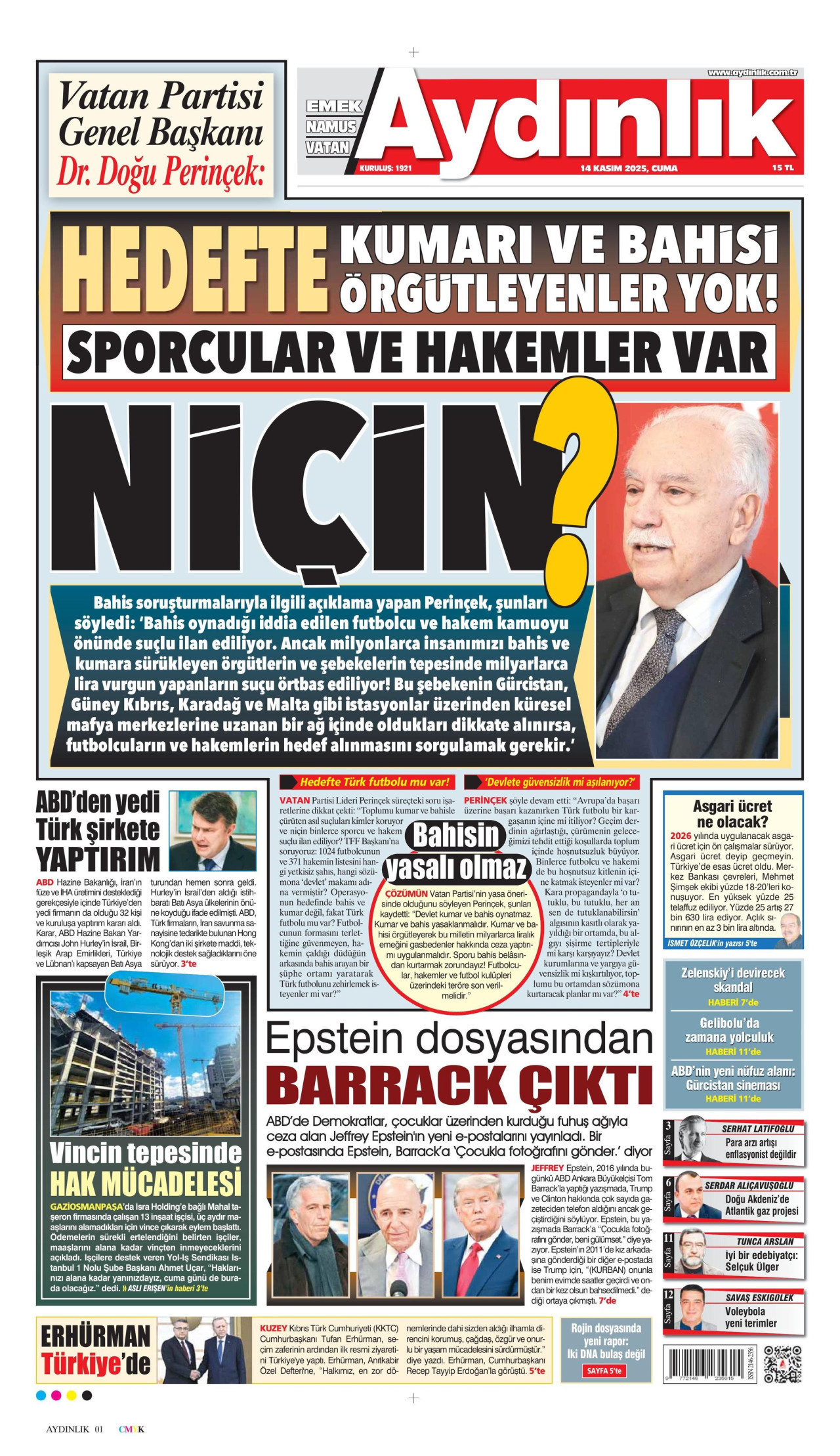 AYDINLIK GAZETESİ gazetesinin 14 Kasım 2025 tarihli birinci sayfası