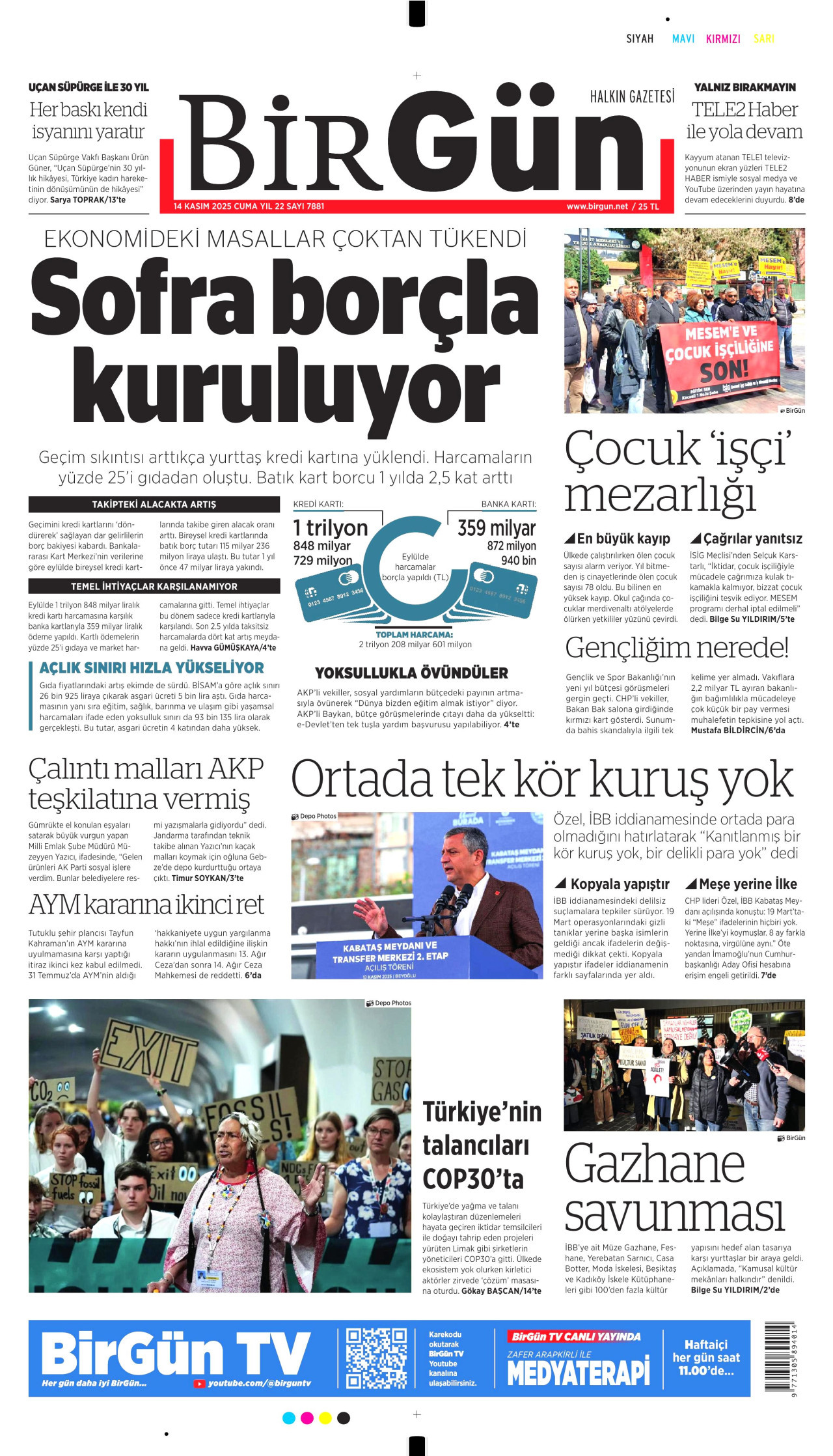 BİRGÜN gazetesinin 14 Kasım 2025 tarihli birinci sayfası