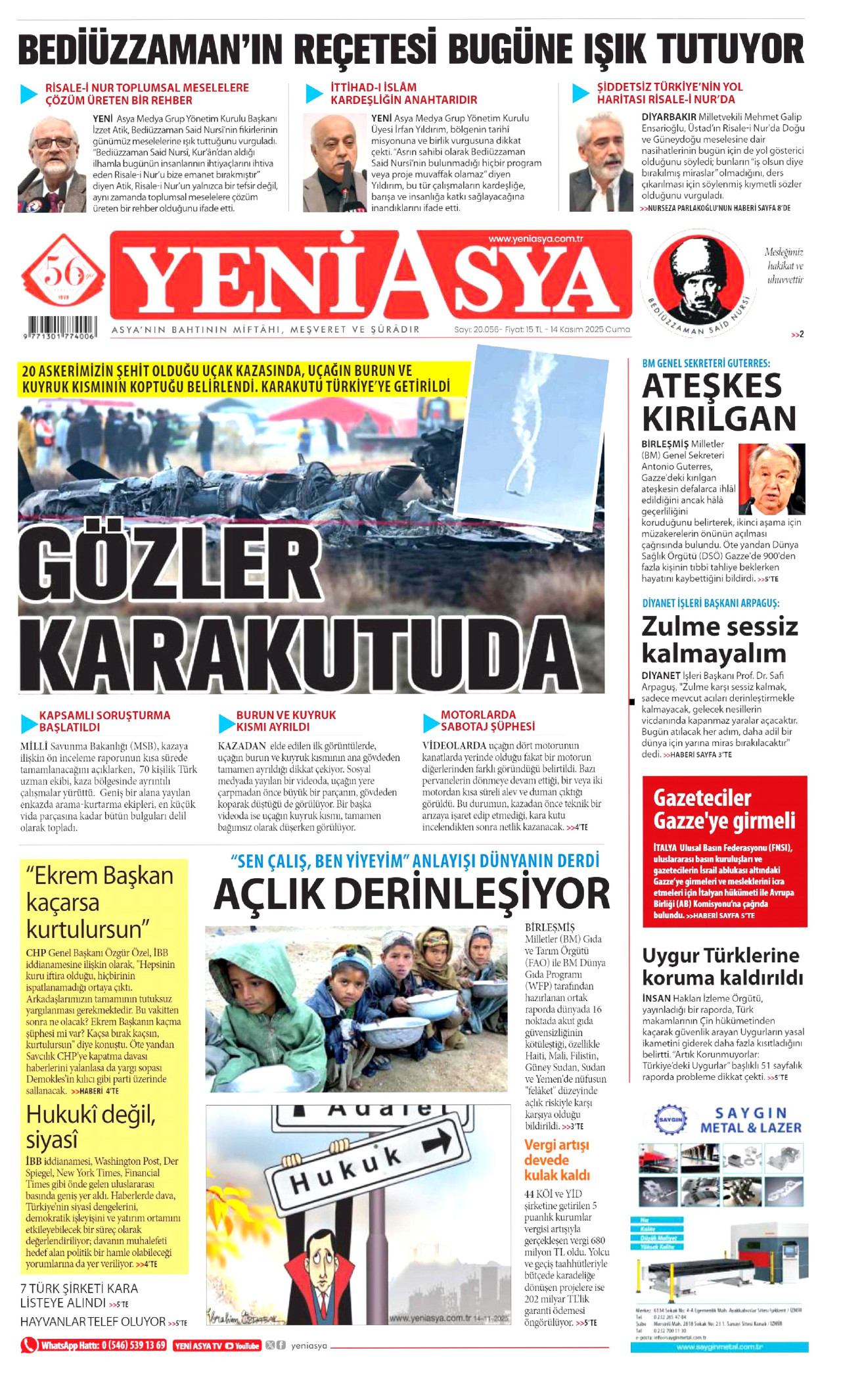 YENİ ASYA gazetesinin 14 Kasım 2025 tarihli birinci sayfası