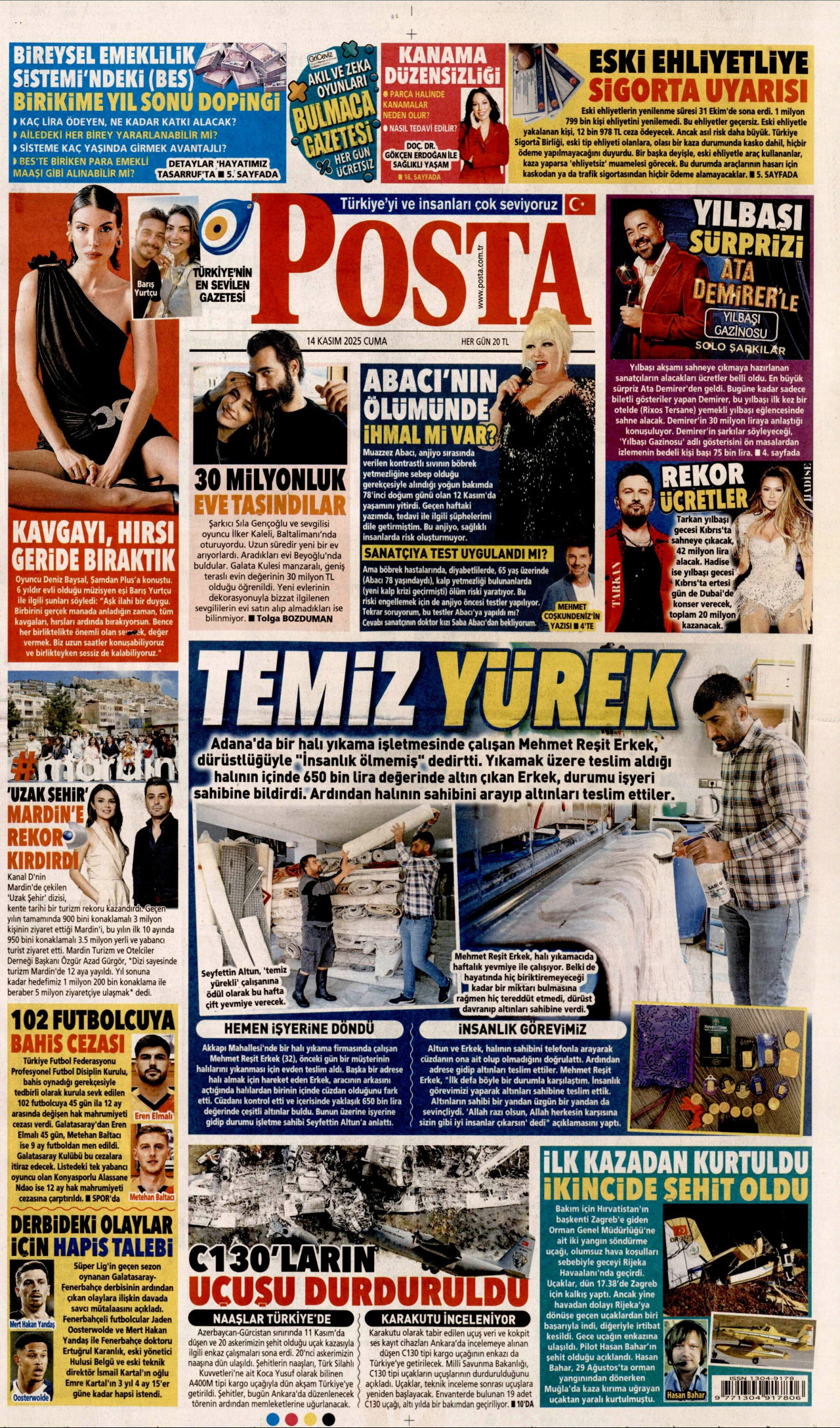 POSTA gazetesinin 14 Kasım 2025 tarihli birinci sayfası