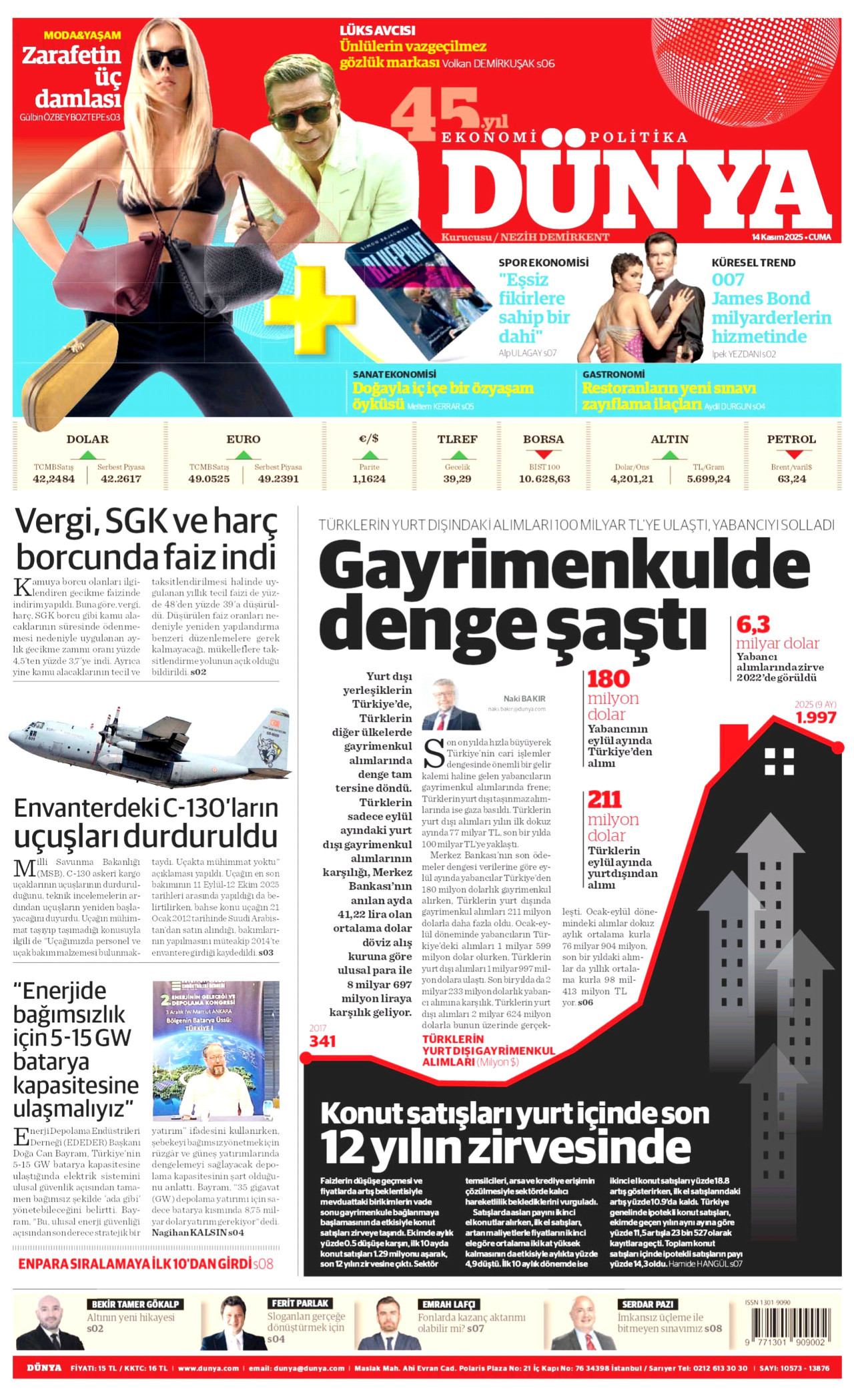 DÜNYA gazetesinin 14 Kasım 2025 tarihli birinci sayfası