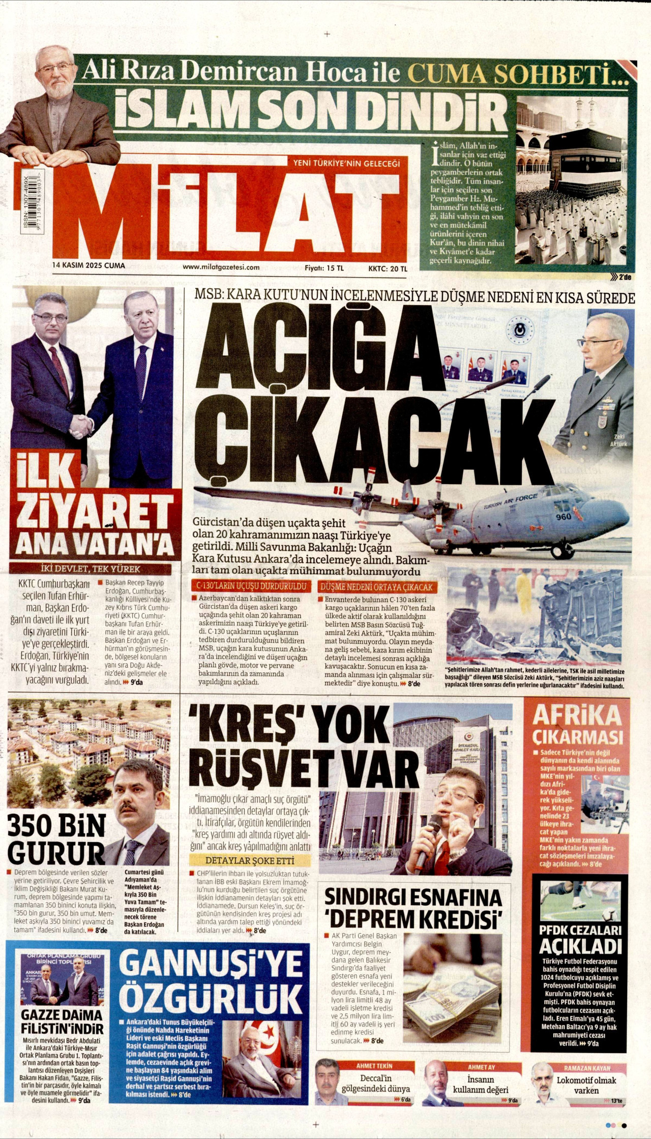 MİLAT gazetesinin 14 Kasım 2025 tarihli birinci sayfası