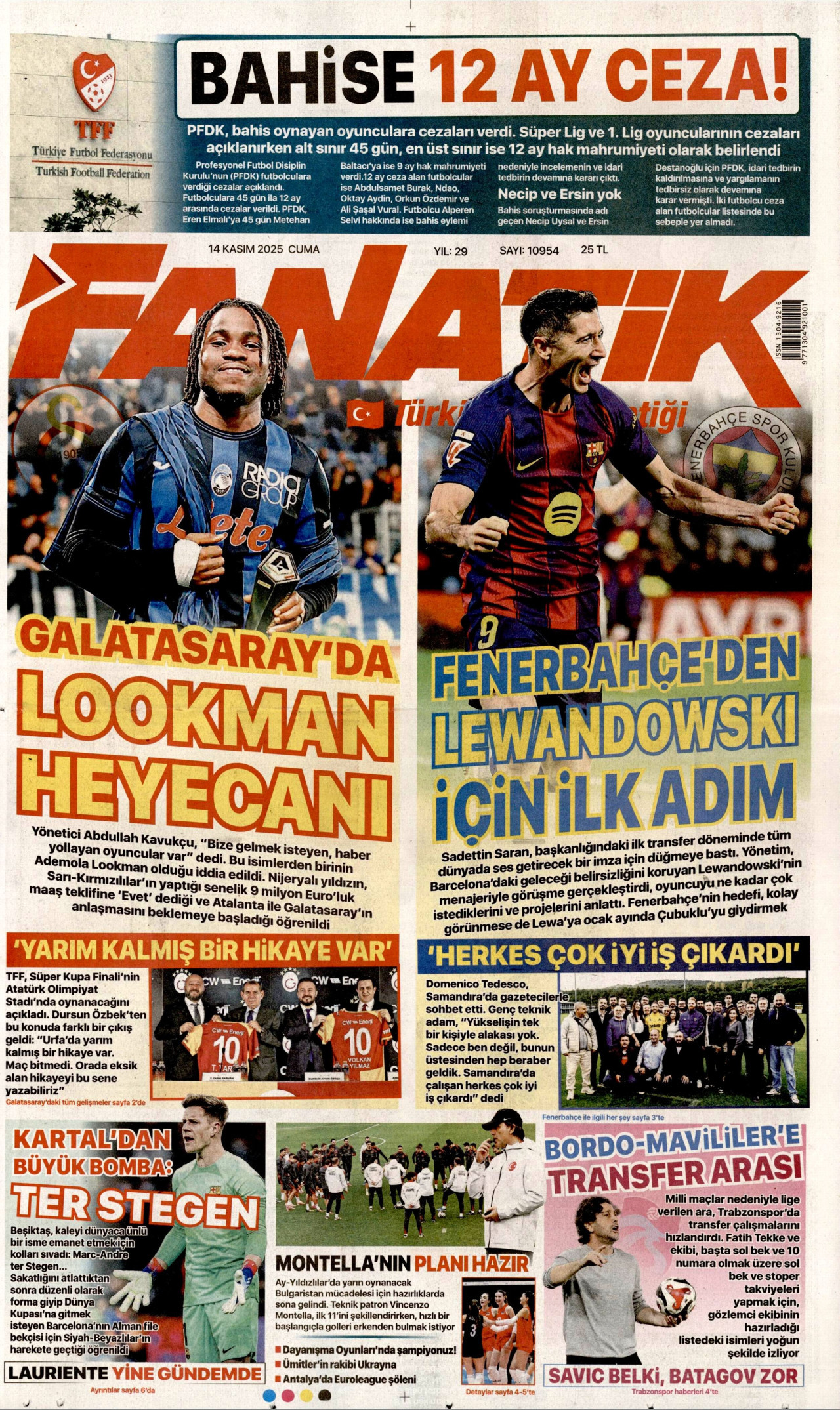 FANATİK gazetesinin 14 Kasım 2025 tarihli birinci sayfası