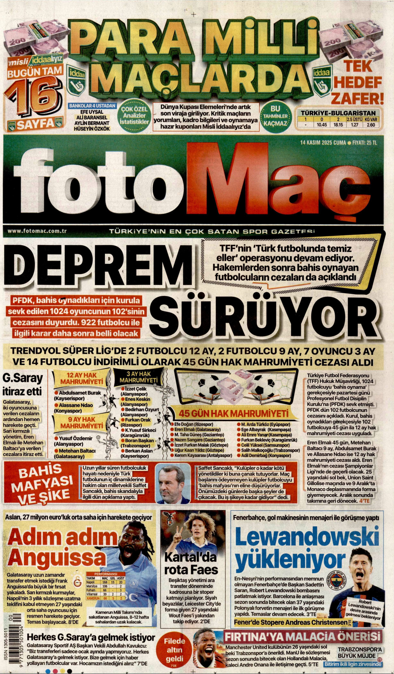 FOTOMAÇ gazetesinin 14 Kasım 2025 tarihli birinci sayfası