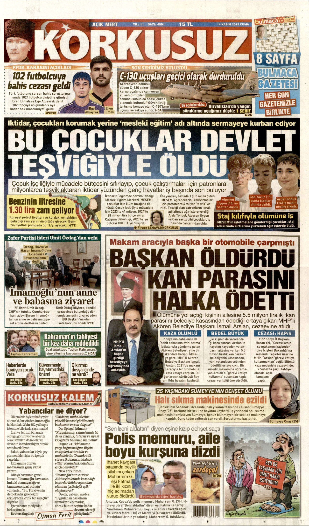 KORKUSUZ gazetesinin 14 Kasım 2025 tarihli birinci sayfası