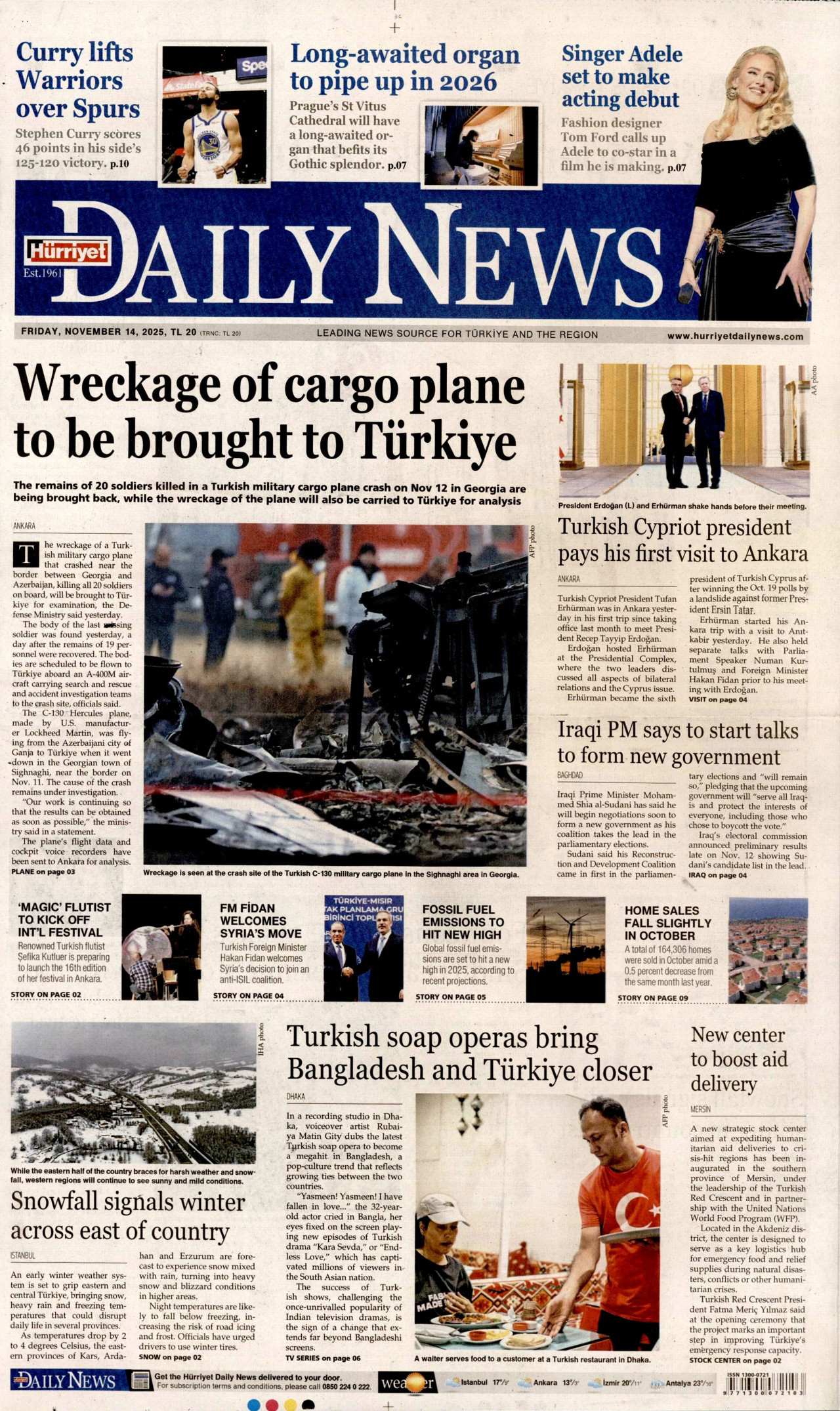 HÜRRİYET DAİLY NEWS gazetesinin 14 Kasım 2025 tarihli birinci sayfası