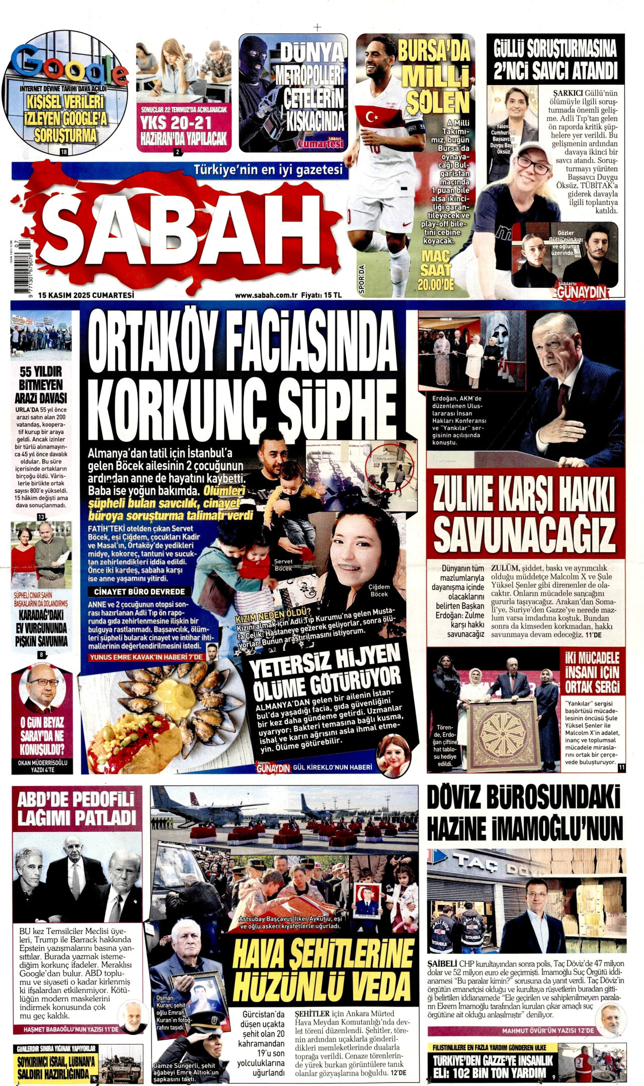 SABAH gazetesinin 15 Kasım 2025 tarihli birinci sayfası