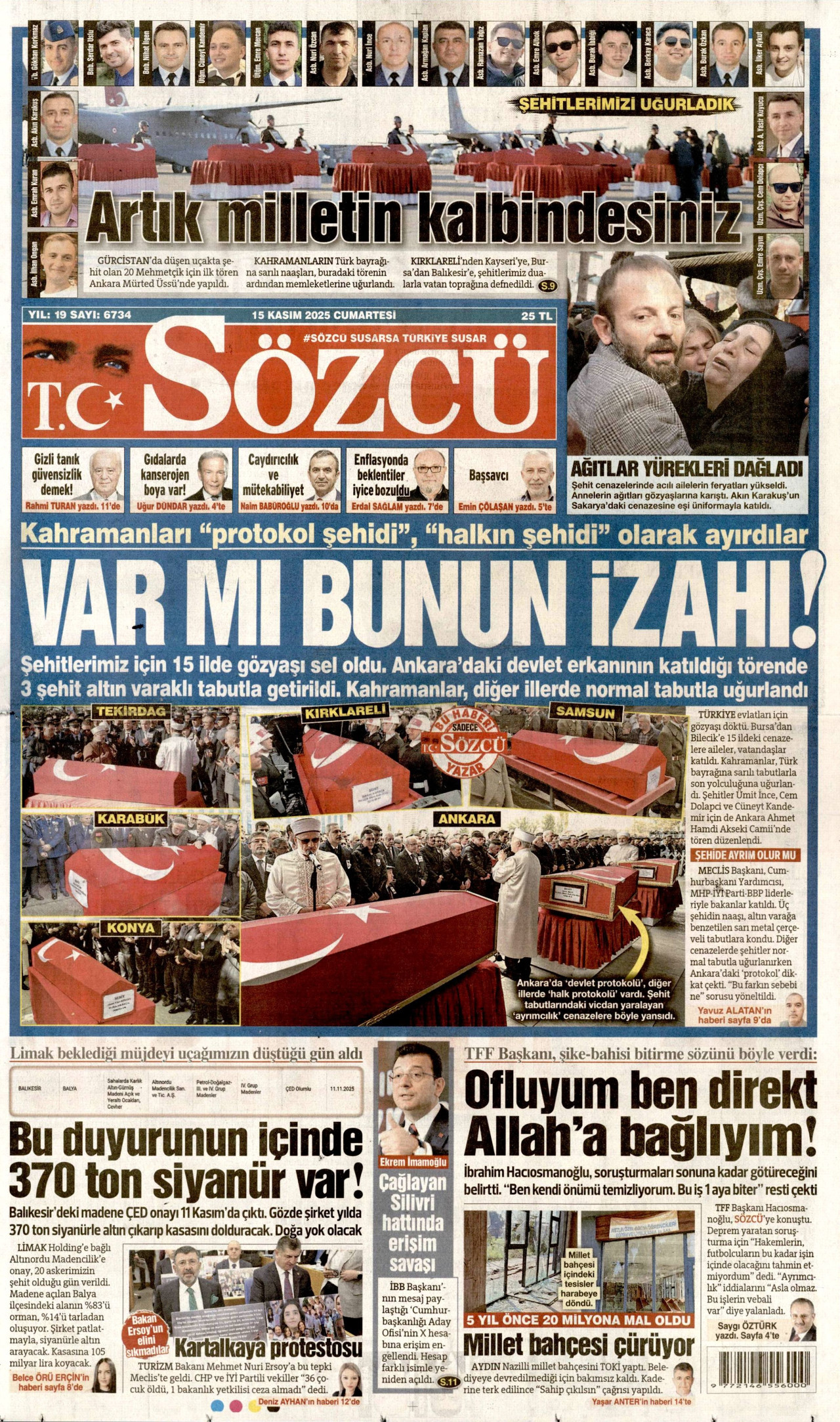 SÖZCÜ gazetesinin 15 Kasım 2025 tarihli birinci sayfası