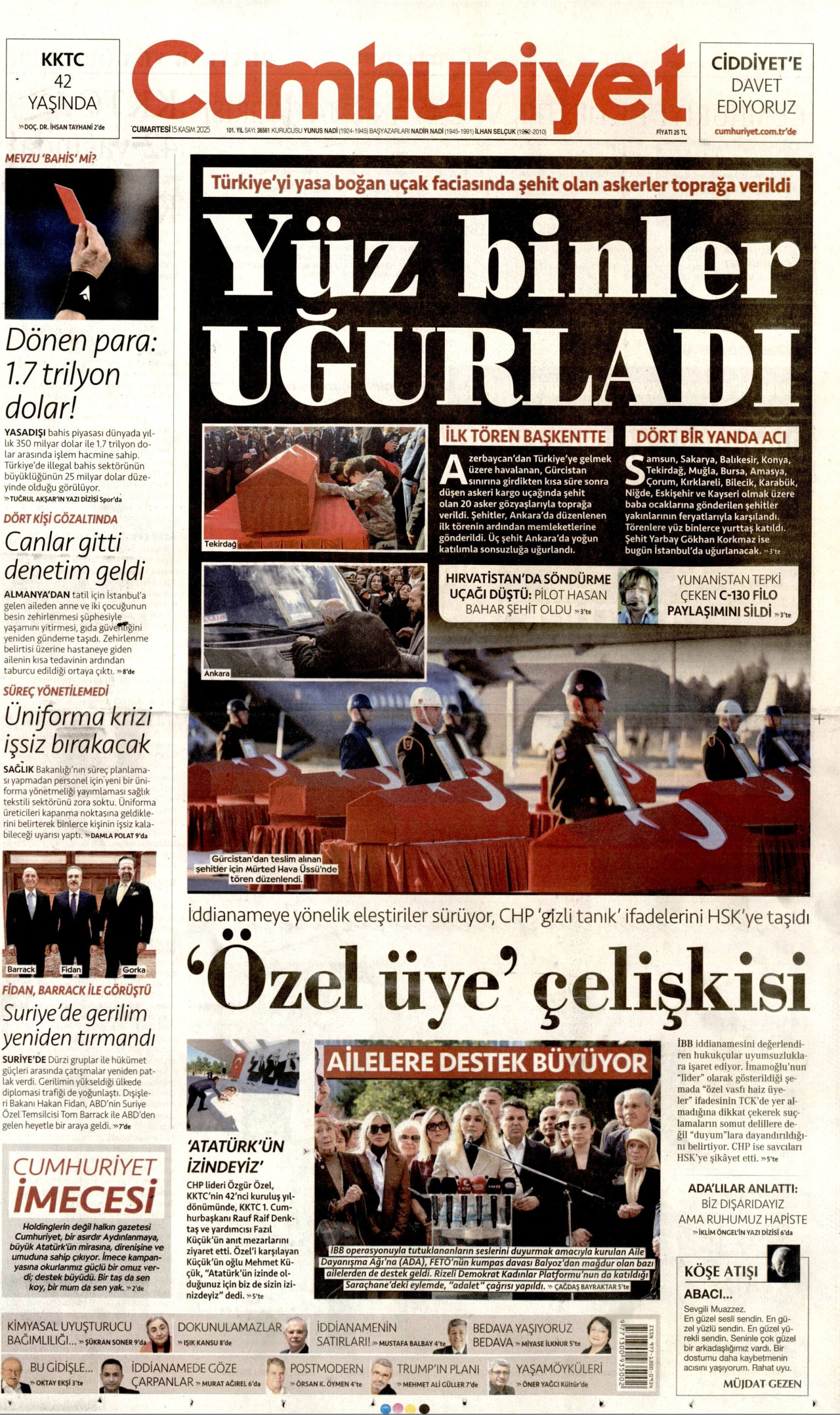 CUMHURİYET gazetesinin 15 Kasım 2025 tarihli birinci sayfası