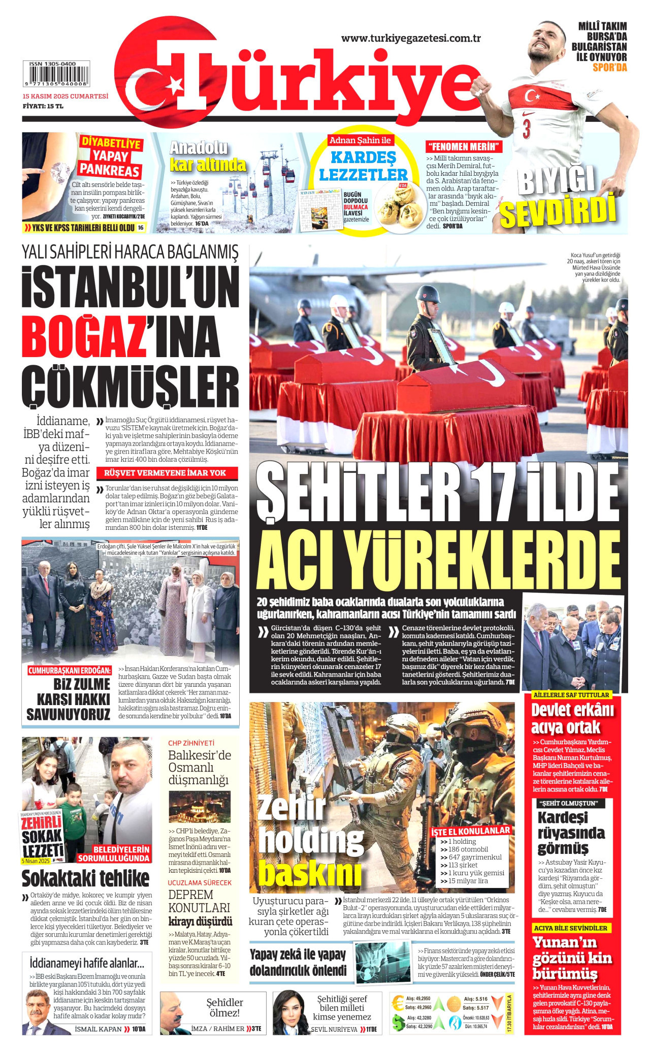 TÜRKİYE GAZETESİ gazetesinin 15 Kasım 2025 tarihli birinci sayfası