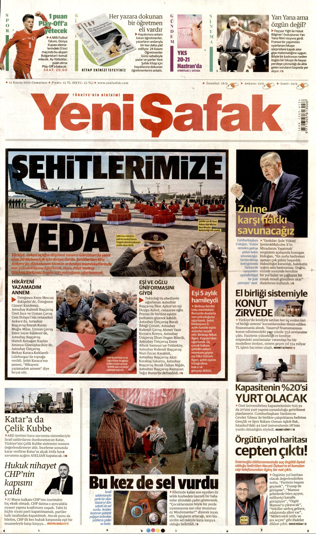 YENİ ŞAFAK gazetesinin 15 Kasım 2025 tarihli birinci sayfası