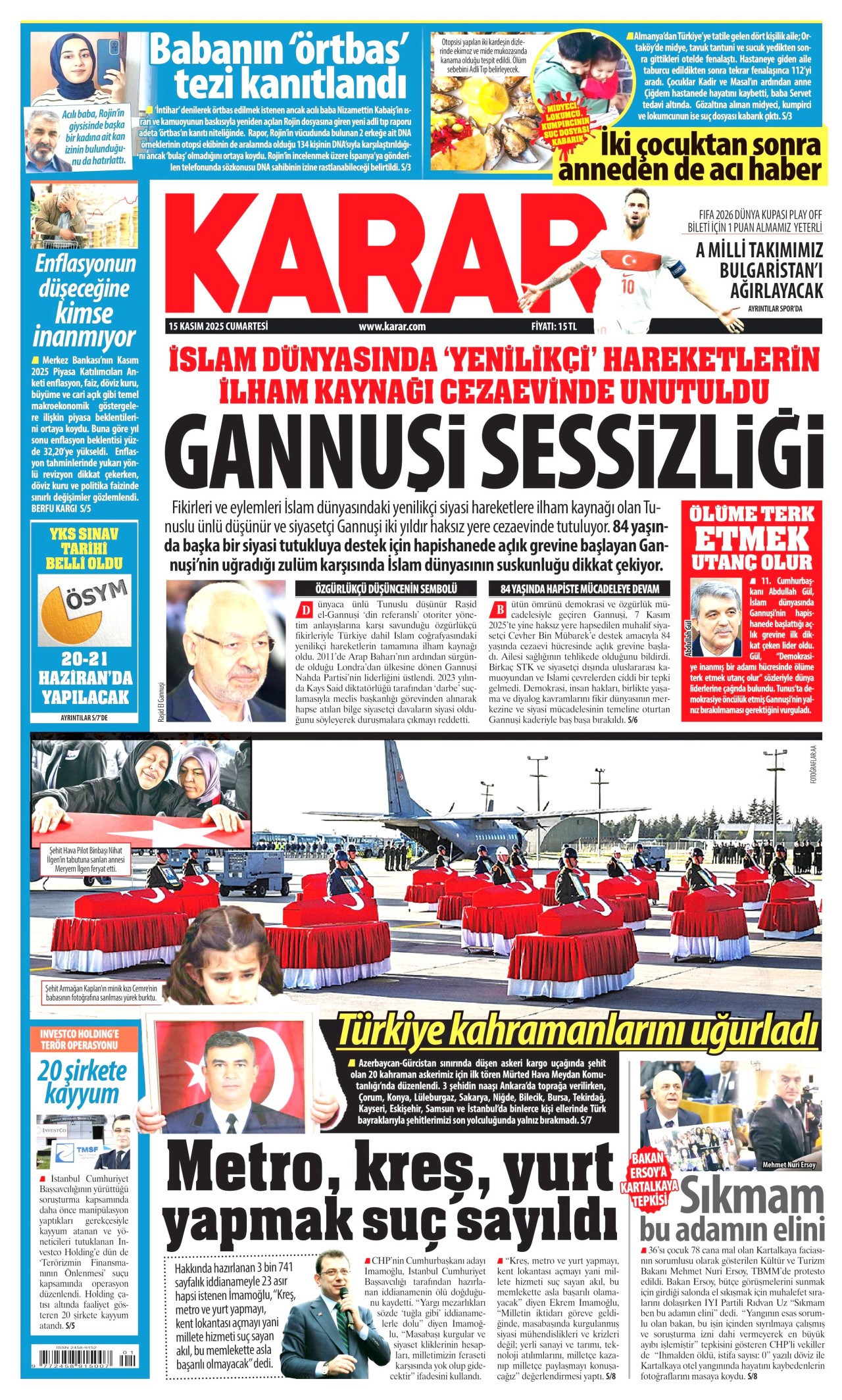 KARAR gazetesinin 15 Kasım 2025 tarihli birinci sayfası
