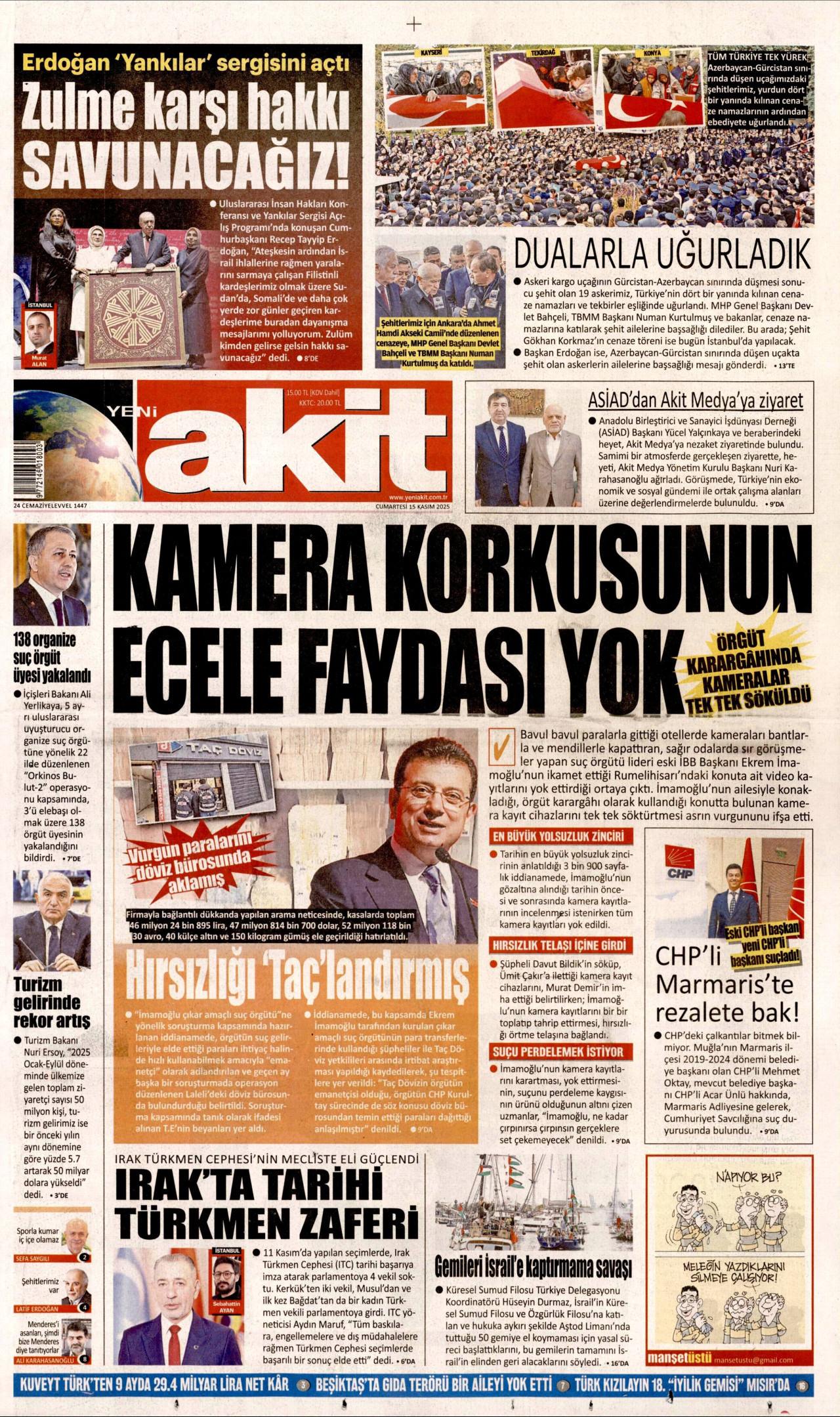 YENİ AKİT gazetesinin 15 Kasım 2025 tarihli birinci sayfası