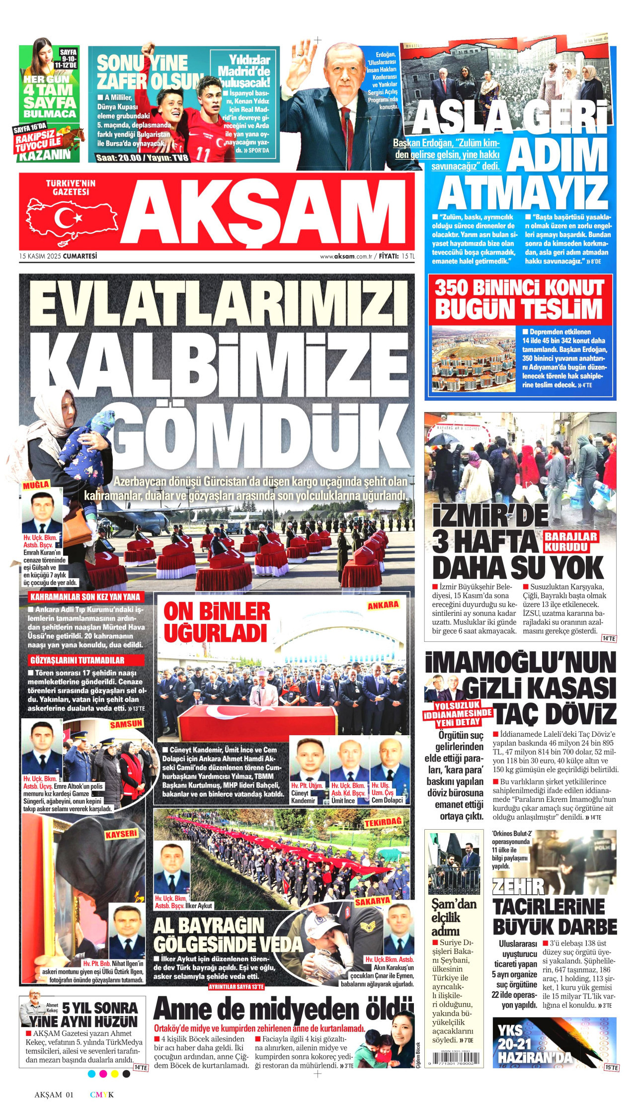 AKŞAM gazetesinin 15 Kasım 2025 tarihli birinci sayfası