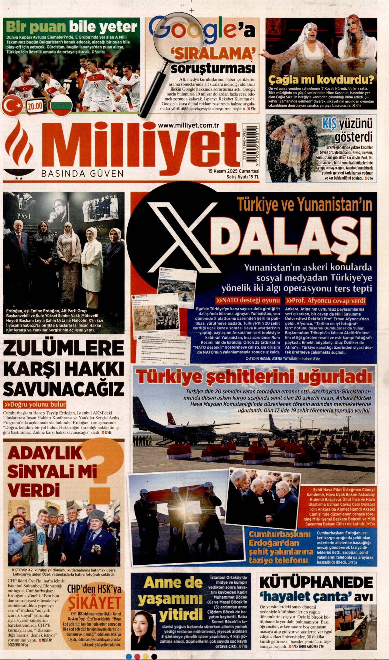 MİLLİYET gazetesinin 15 Kasım 2025 tarihli birinci sayfası