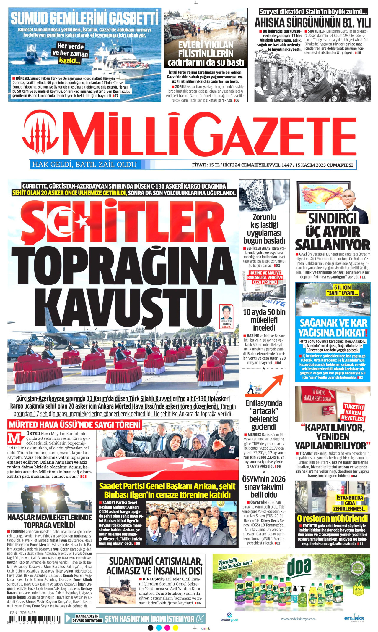 MİLLİ GAZETE gazetesinin 15 Kasım 2025 tarihli birinci sayfası