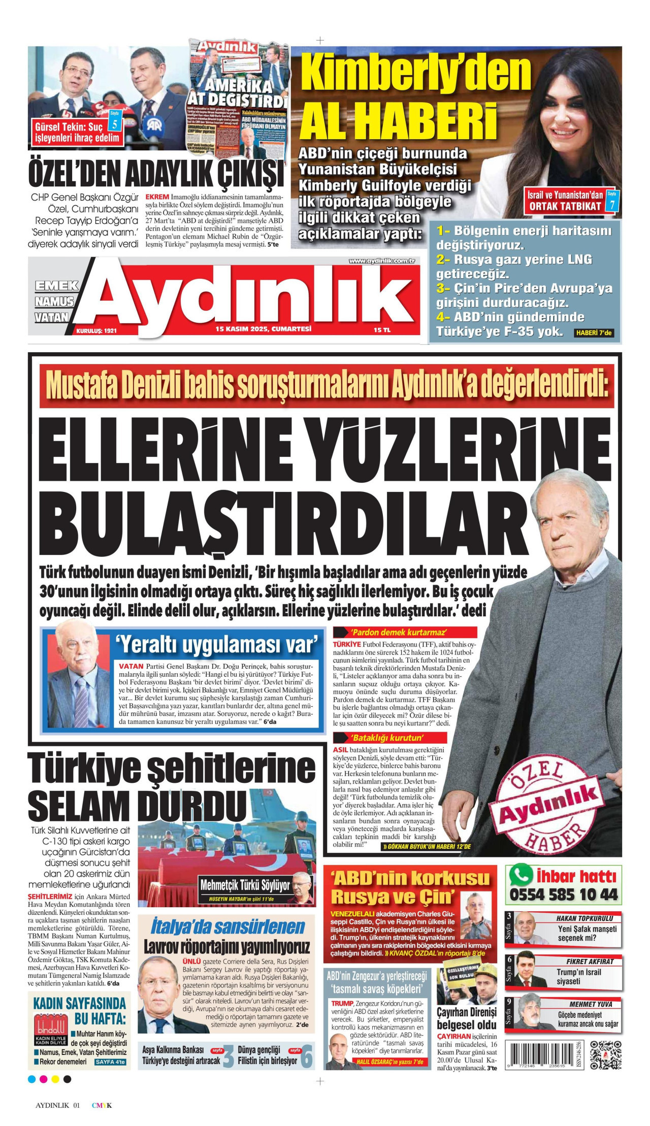 AYDINLIK GAZETESİ gazetesinin 15 Kasım 2025 tarihli birinci sayfası