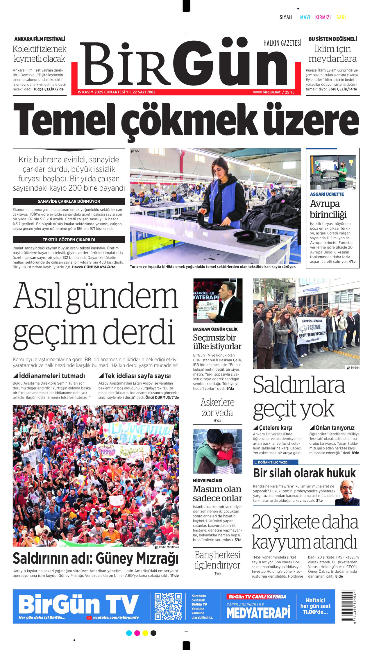 BİRGÜN gazetesinin 15 Kasım 2025 tarihli birinci sayfası