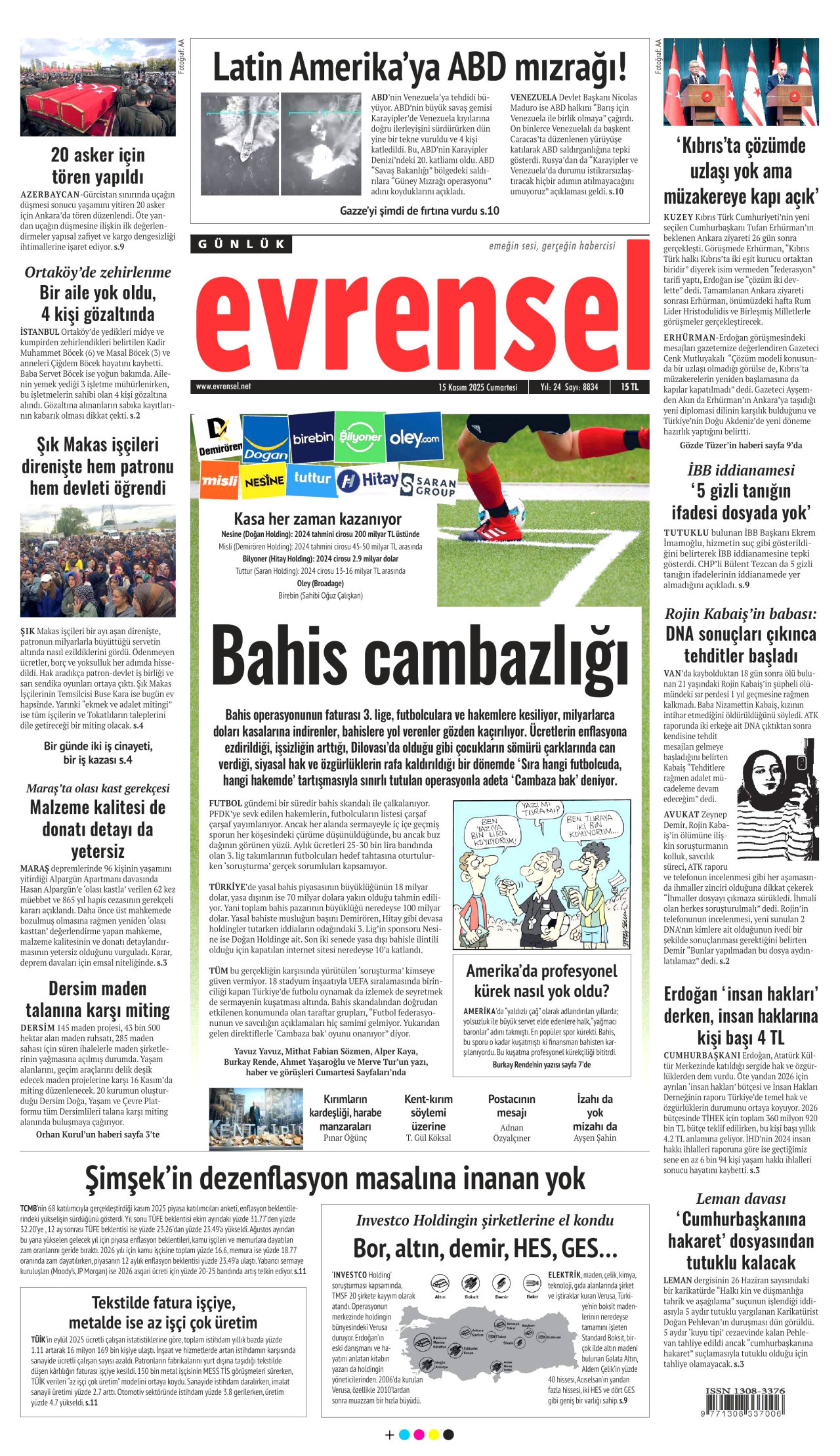 EVRENSEL gazetesinin 15 Kasım 2025 tarihli birinci sayfası
