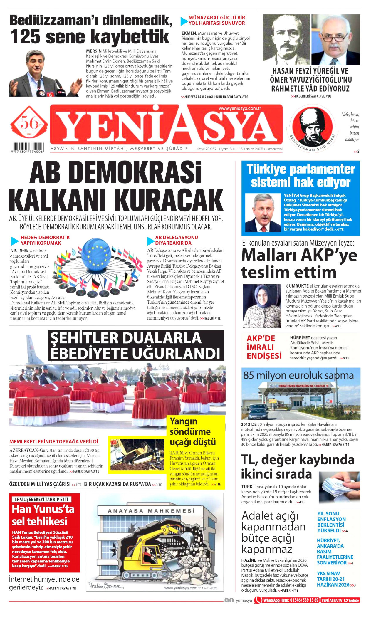 YENİ ASYA gazetesinin 15 Kasım 2025 tarihli birinci sayfası