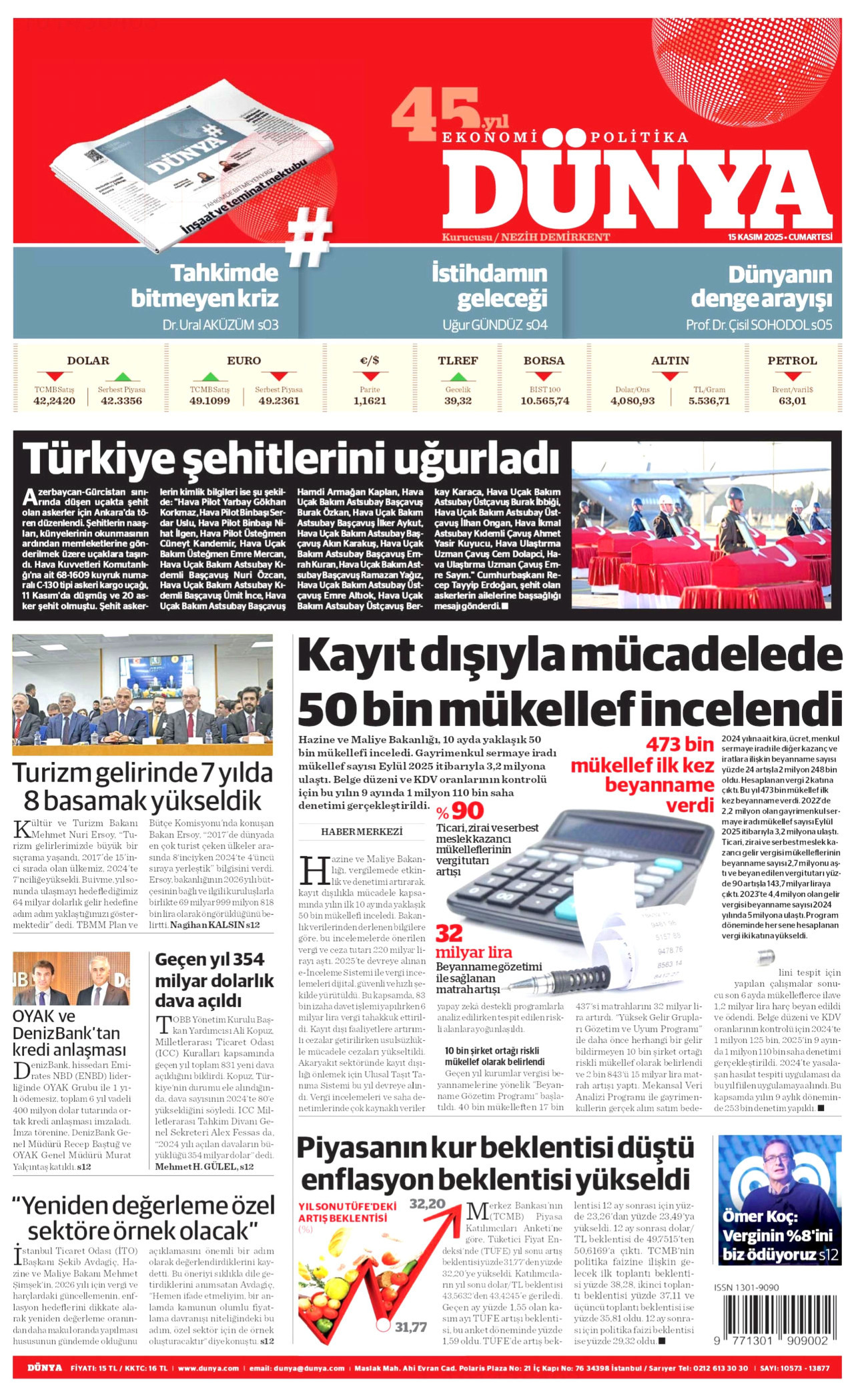DÜNYA gazetesinin 15 Kasım 2025 tarihli birinci sayfası